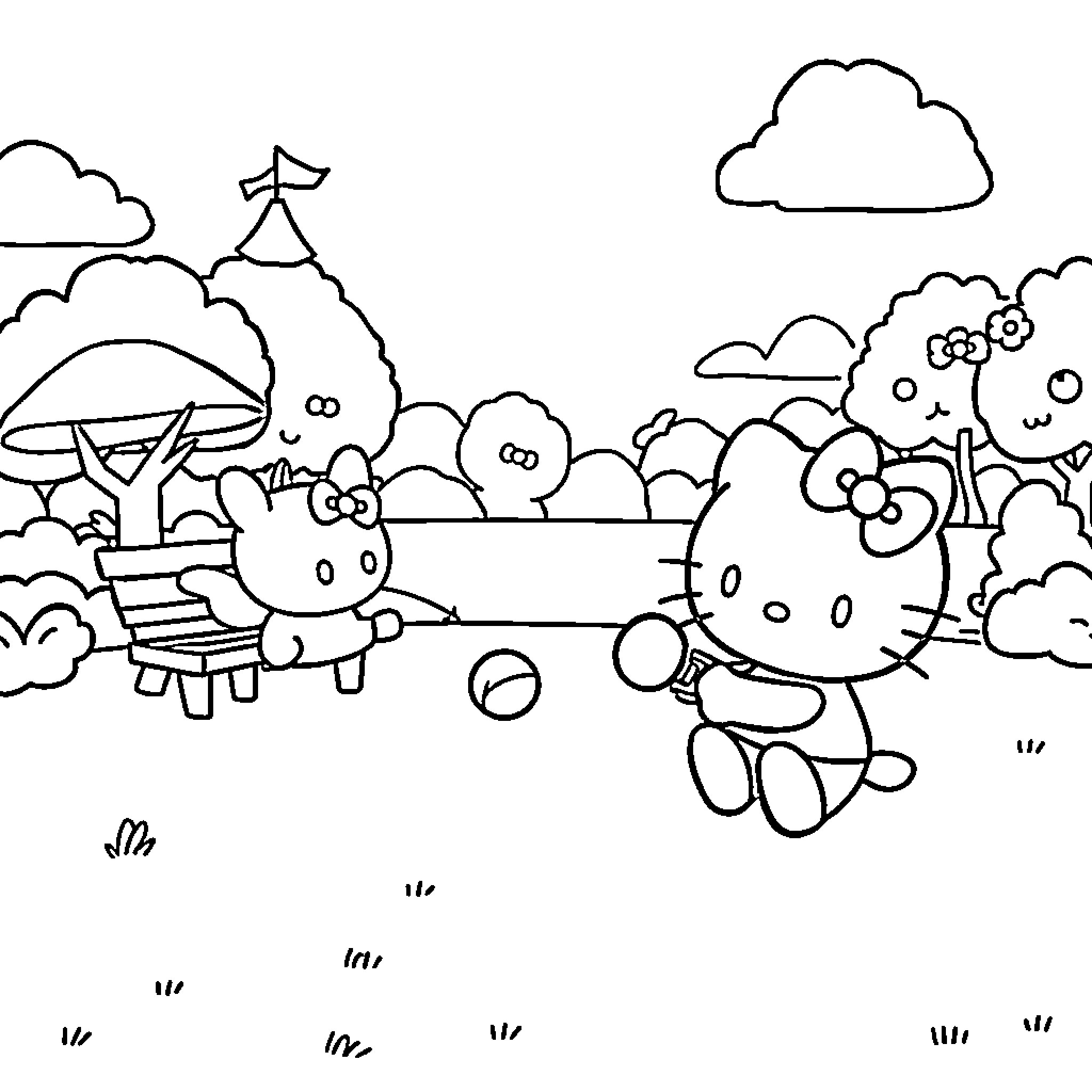 Hello Kitty playing in a whimsical fantasy landscape Coloring Page (free black-and-white line drawing printable PDF for all, from beginners to advanced learners, including children, teens, adults, and seniors)