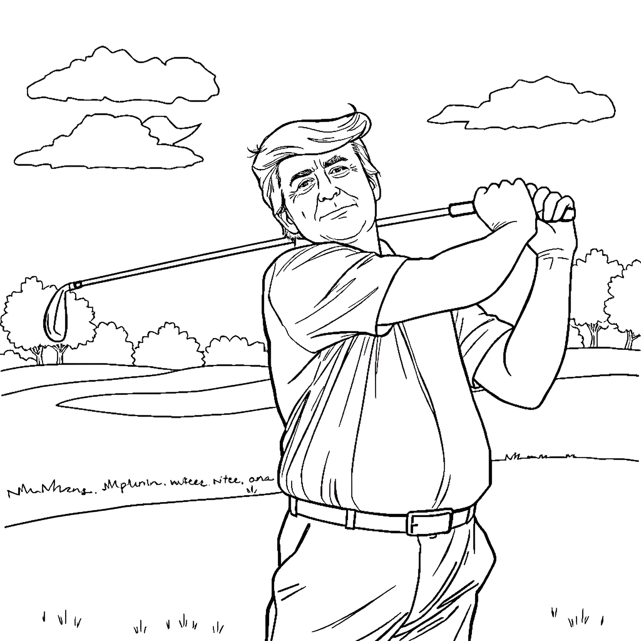 Trump Golfing on a Scenic Landscape Coloring Page (free black-and-white line drawing printable PDF for all, from beginners to advanced learners, including children, teens, adults, and seniors)