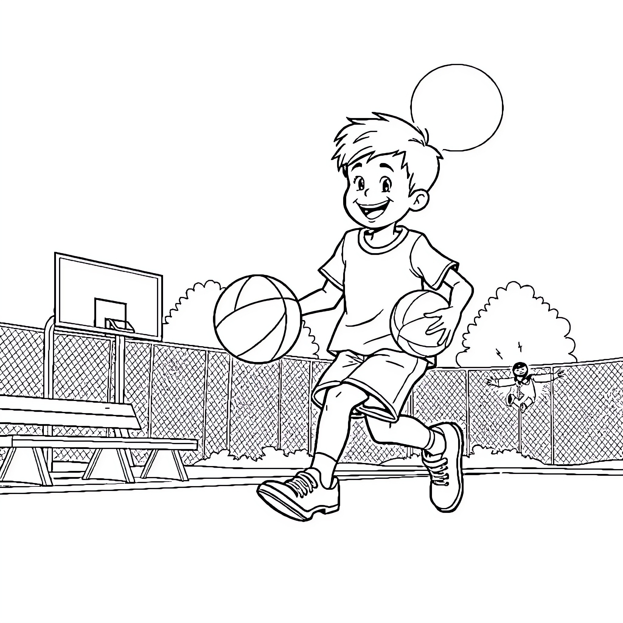 Kid playing with basketball on court Coloring Page (free black-and-white line drawing printable PDF for all, from beginners to advanced learners, including children, teens, adults, and seniors)