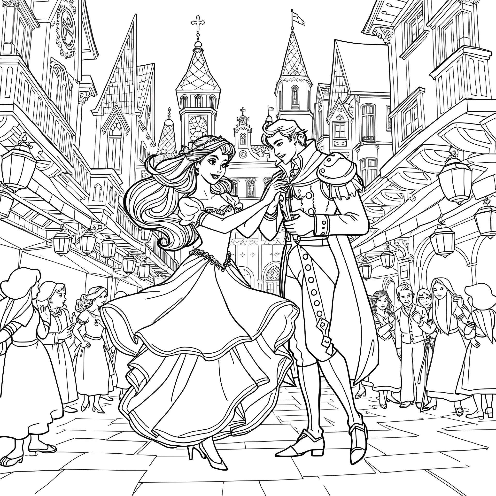 Esmeralda and Phoebus dancing in the city street Coloring Page (free black-and-white line drawing printable PDF for all, from beginners to advanced learners, including children, teens, adults, and seniors)