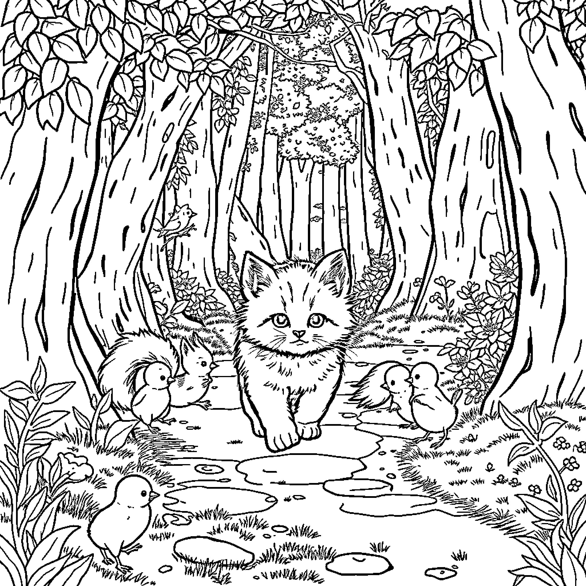 Kitten Exploring the Enchanting Forest Coloring Page (free black-and-white line drawing printable PDF for all, from beginners to advanced learners, including children, teens, adults, and seniors)