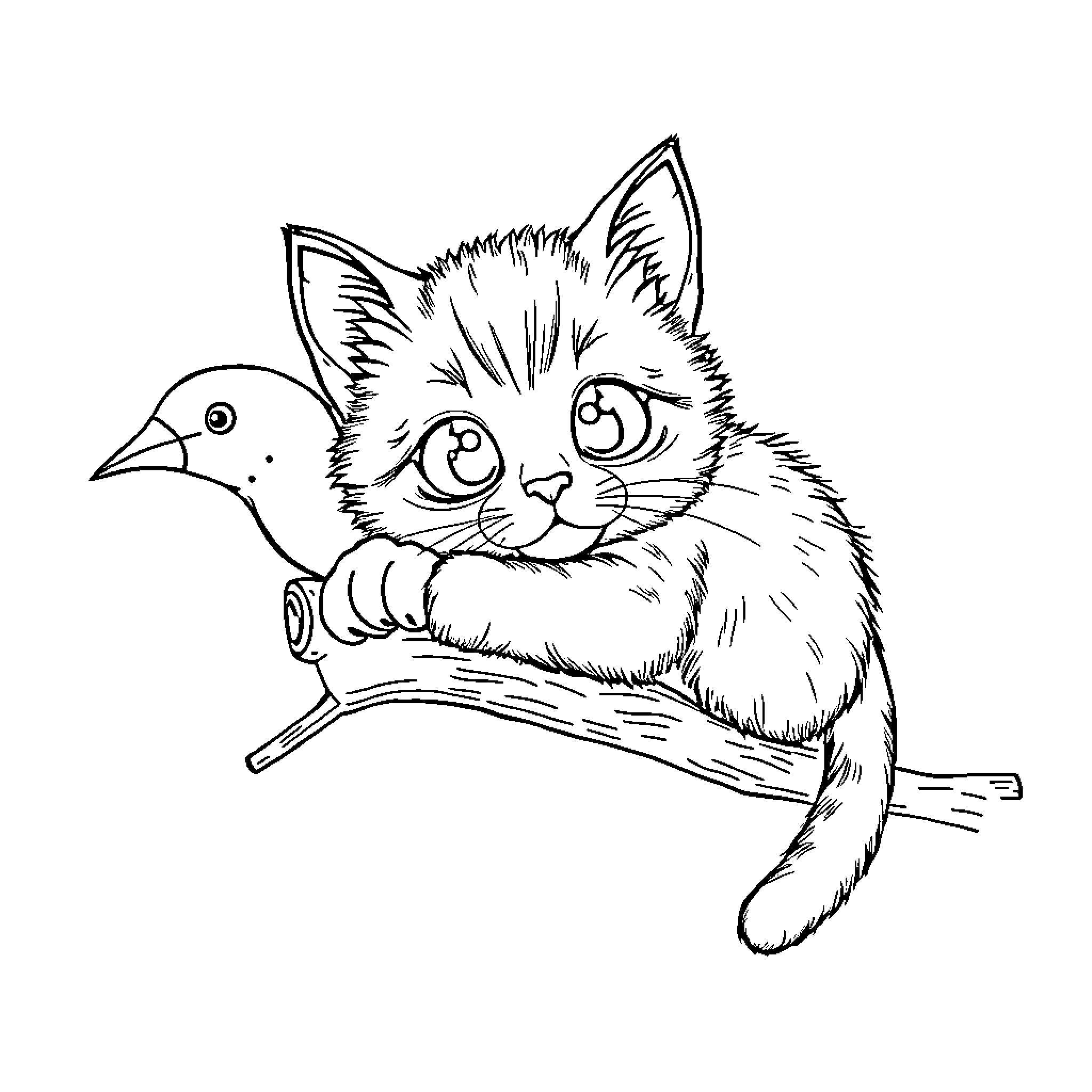 Cat playing with bird on branch Coloring Page (free black-and-white line drawing printable PDF for all, from beginners to advanced learners, including children, teens, adults, and seniors)