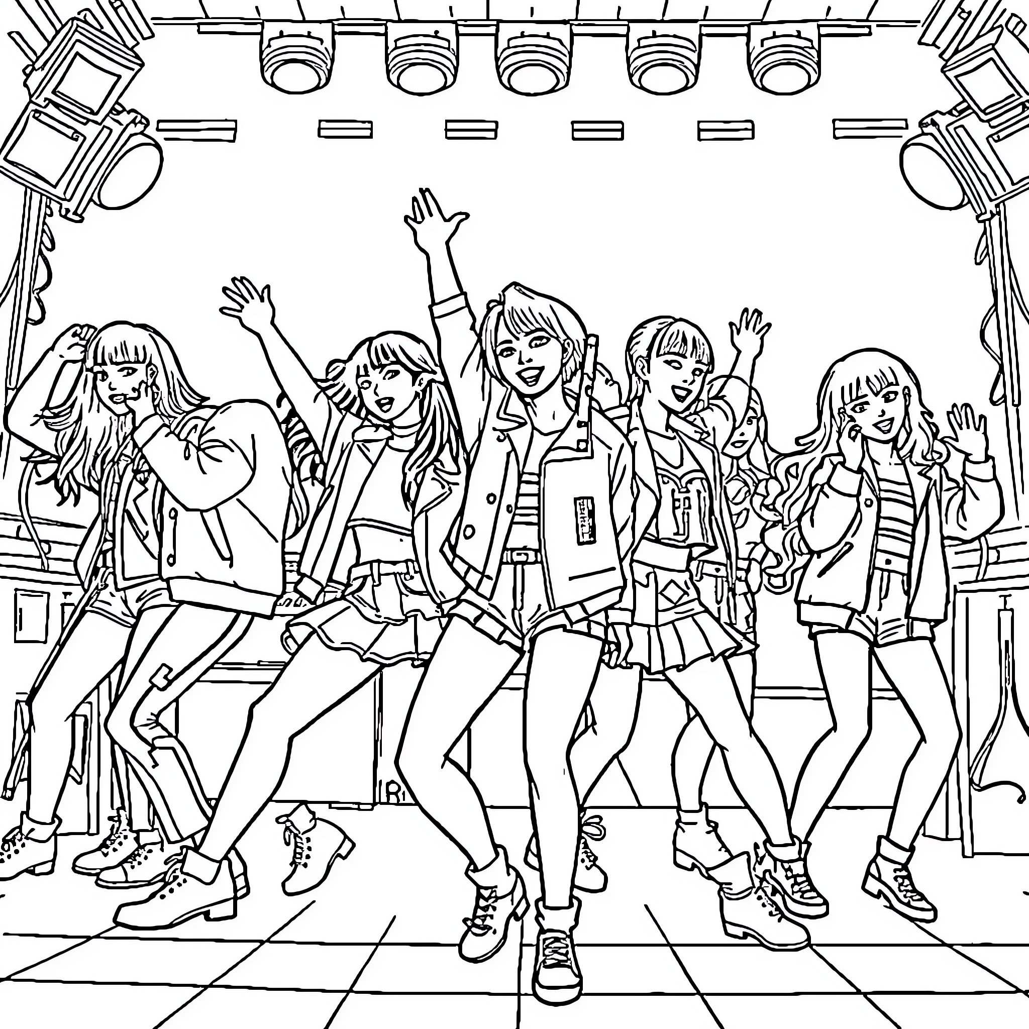 K Pop Performers Energetically Entertaining Crowd Coloring Page (free black-and-white line drawing printable PDF for all, from beginners to advanced learners, including children, teens, adults, and seniors)