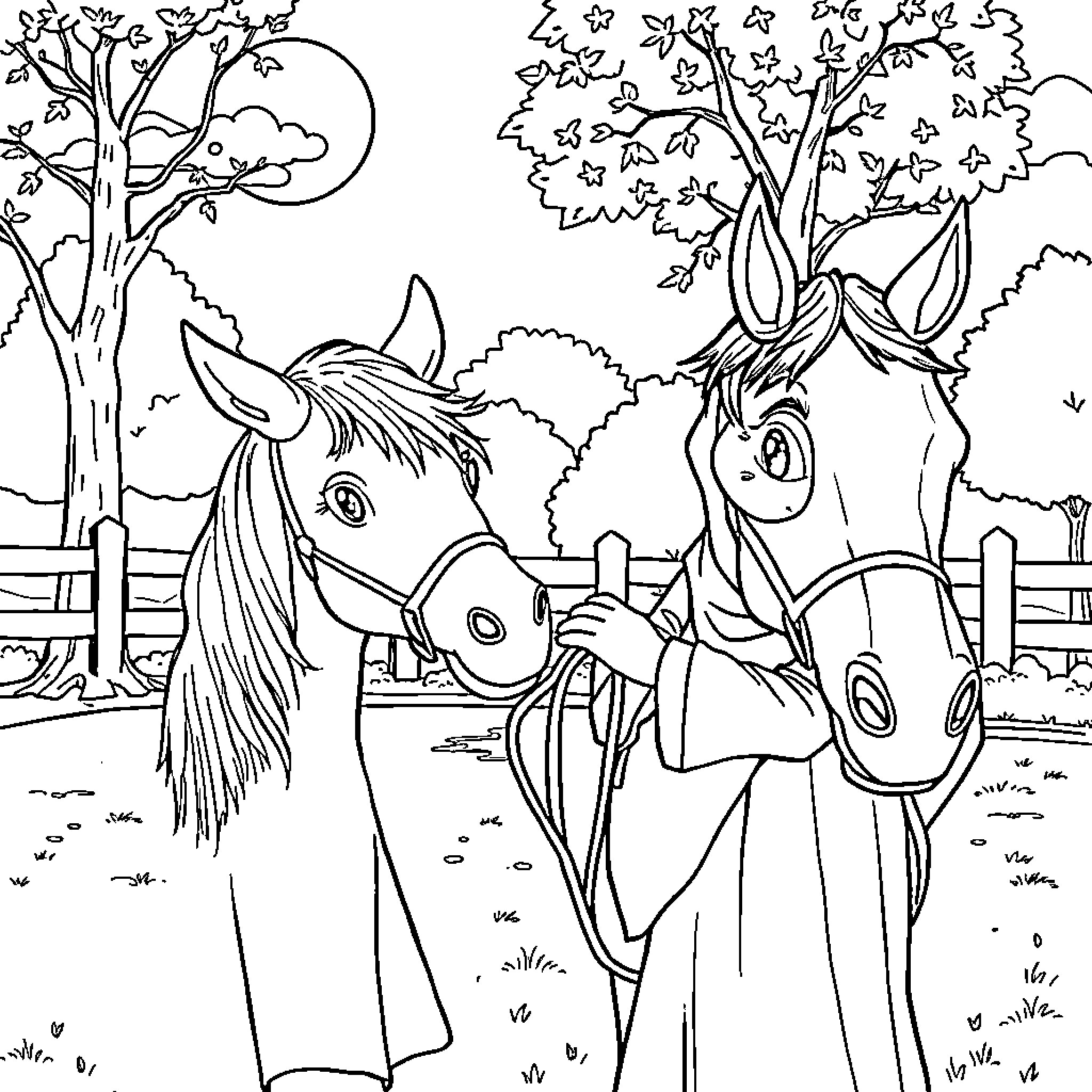 Girl with two horses in a farm landscape Coloring Page (free black-and-white line drawing printable PDF for all, from beginners to advanced learners, including children, teens, adults, and seniors)