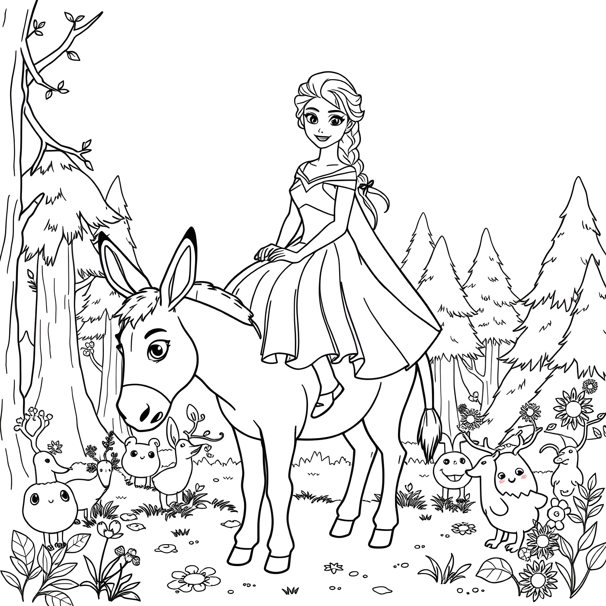 Elsa exploring the forest with her animal friends Coloring Page (free black-and-white line drawing printable PDF for all, from beginners to advanced learners, including children, teens, adults, and seniors)