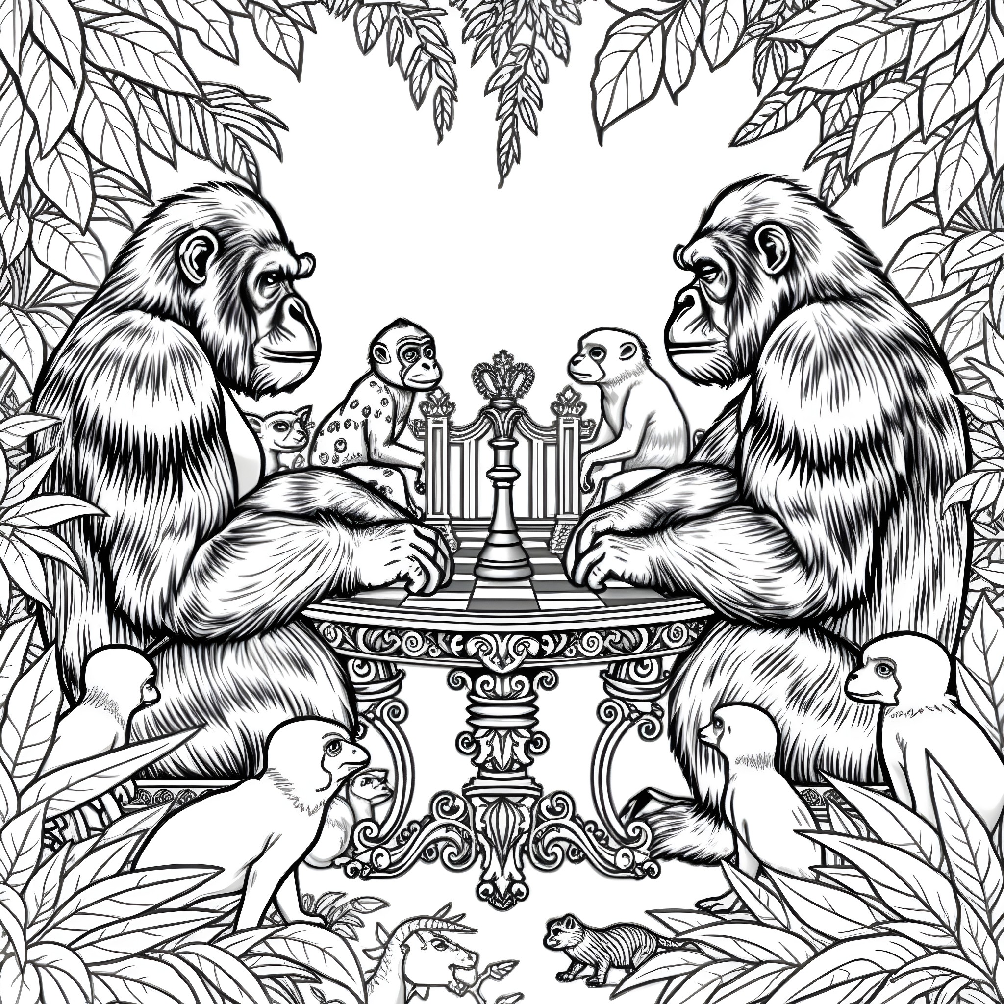 Gorillas engaged in a friendly chess match in the jungle Coloring Page (free black-and-white line drawing printable PDF for all, from beginners to advanced learners, including children, teens, adults, and seniors)