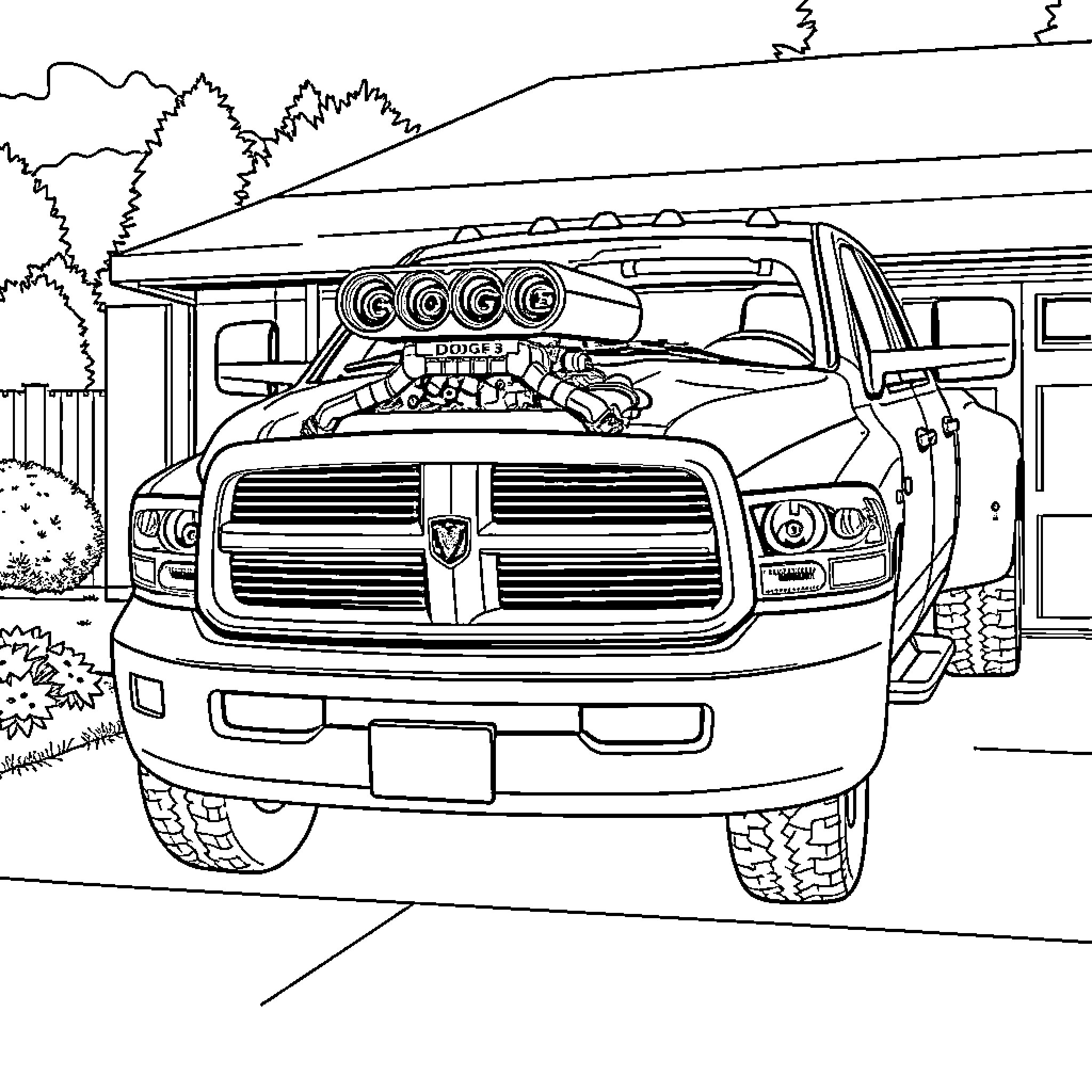 Dodge 3500 truck in action with customized features Coloring Page (free black-and-white line drawing printable PDF for all, from beginners to advanced learners, including children, teens, adults, and seniors)