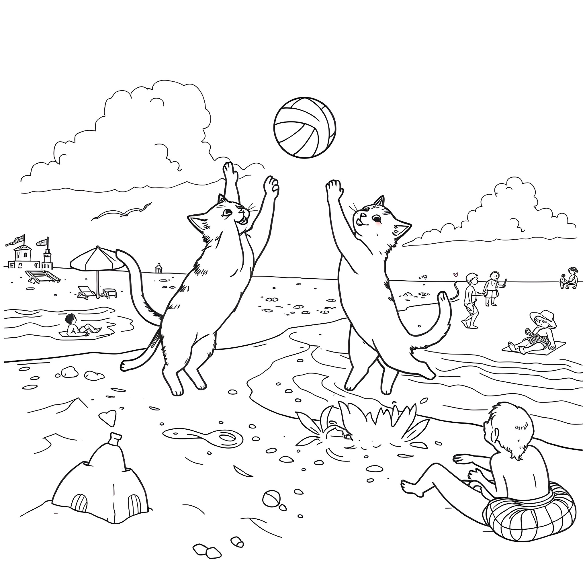 Cats playing with a ball at the beach Coloring Page (free black-and-white line drawing printable PDF for all, from beginners to advanced learners, including children, teens, adults, and seniors)