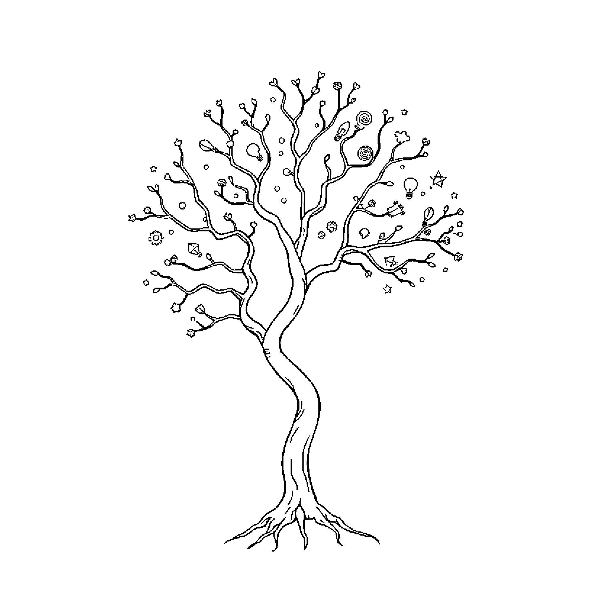 Neuron tree with intricate branches and nodes Coloring Page (free black-and-white line drawing printable PDF for all, from beginners to advanced learners, including children, teens, adults, and seniors)