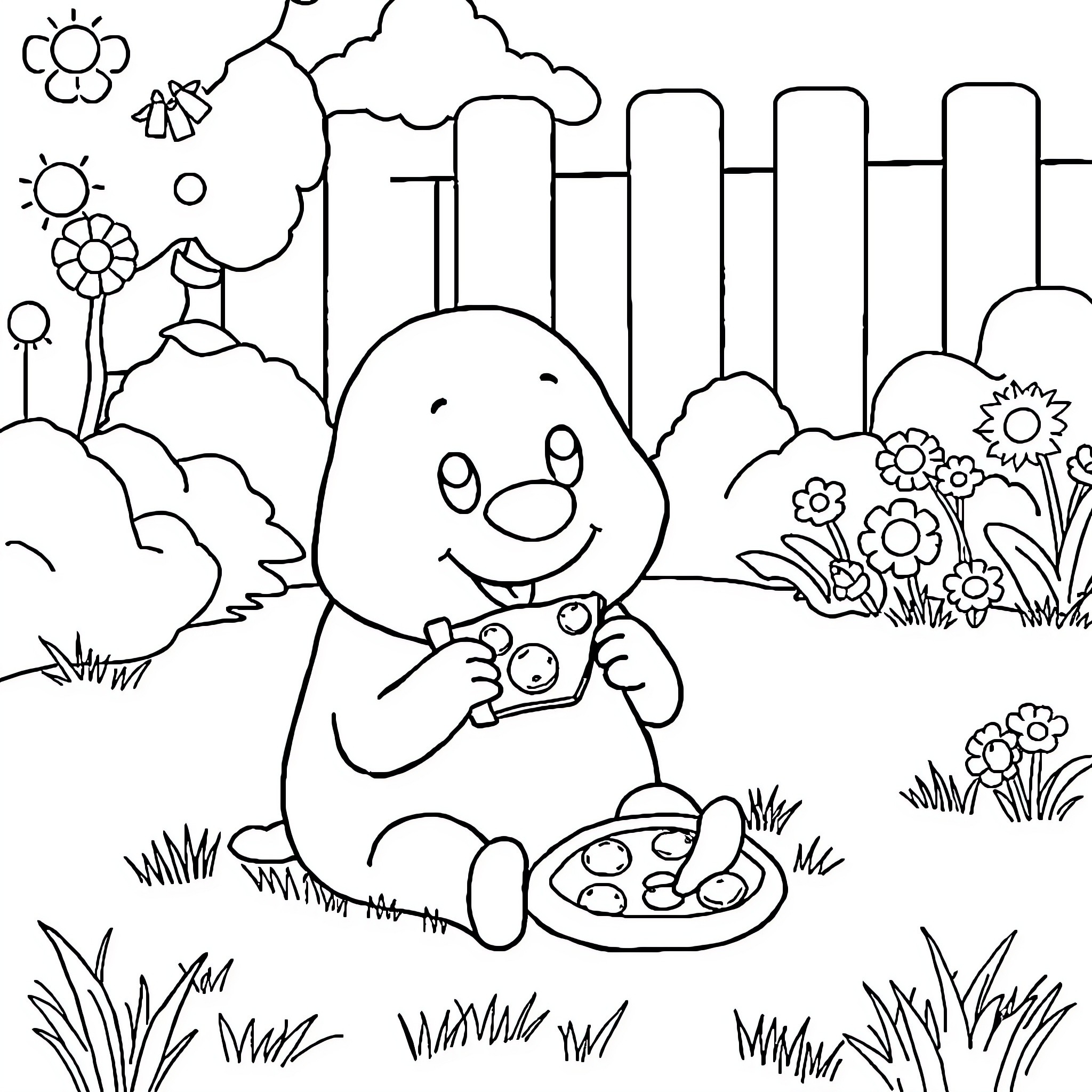 Duggee enjoying nature and painting Coloring Page (free black-and-white line drawing printable PDF for all, from beginners to advanced learners, including children, teens, adults, and seniors)