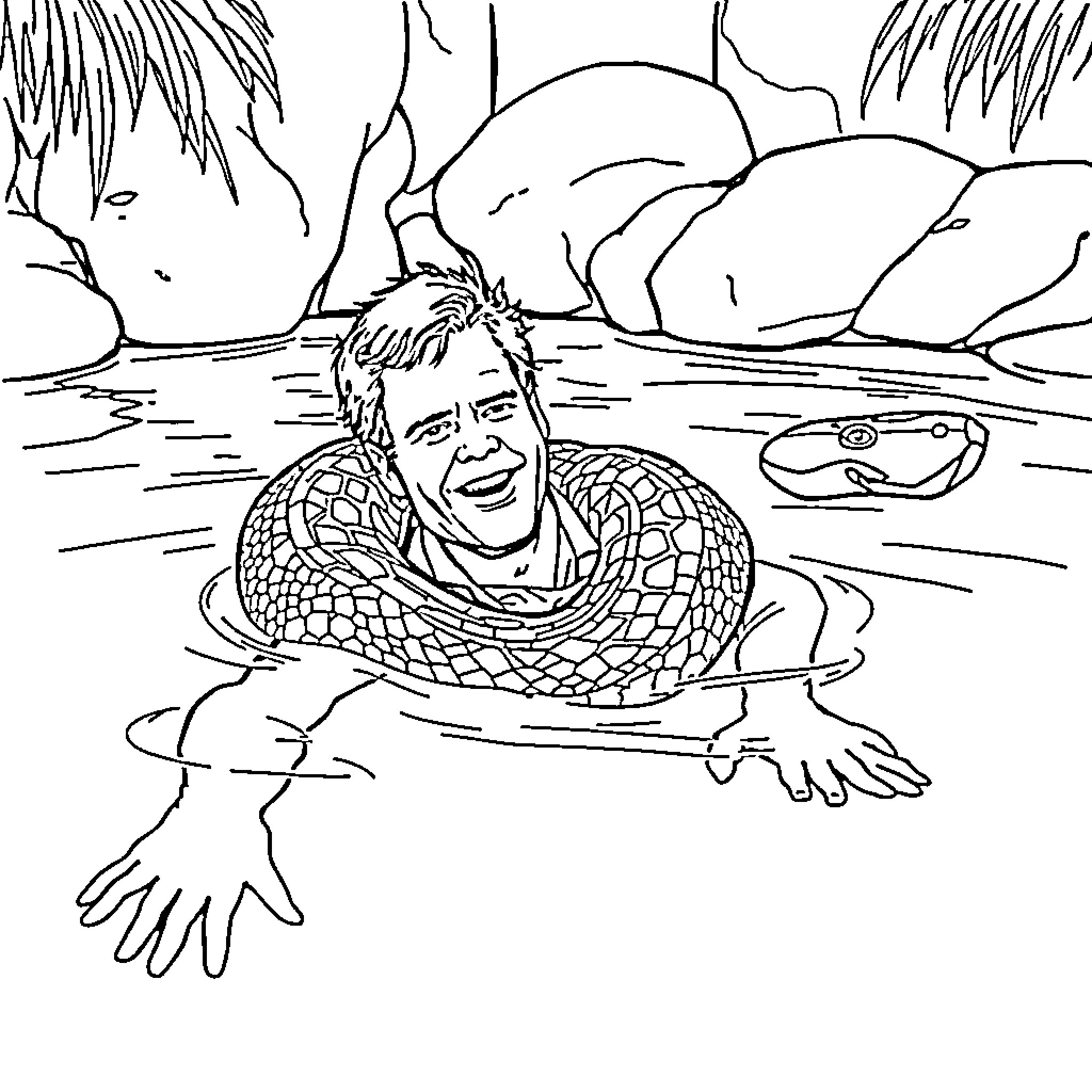 Steve Irwin swimming with a snake in the wild Coloring Page (free black-and-white line drawing printable PDF for all, from beginners to advanced learners, including children, teens, adults, and seniors)