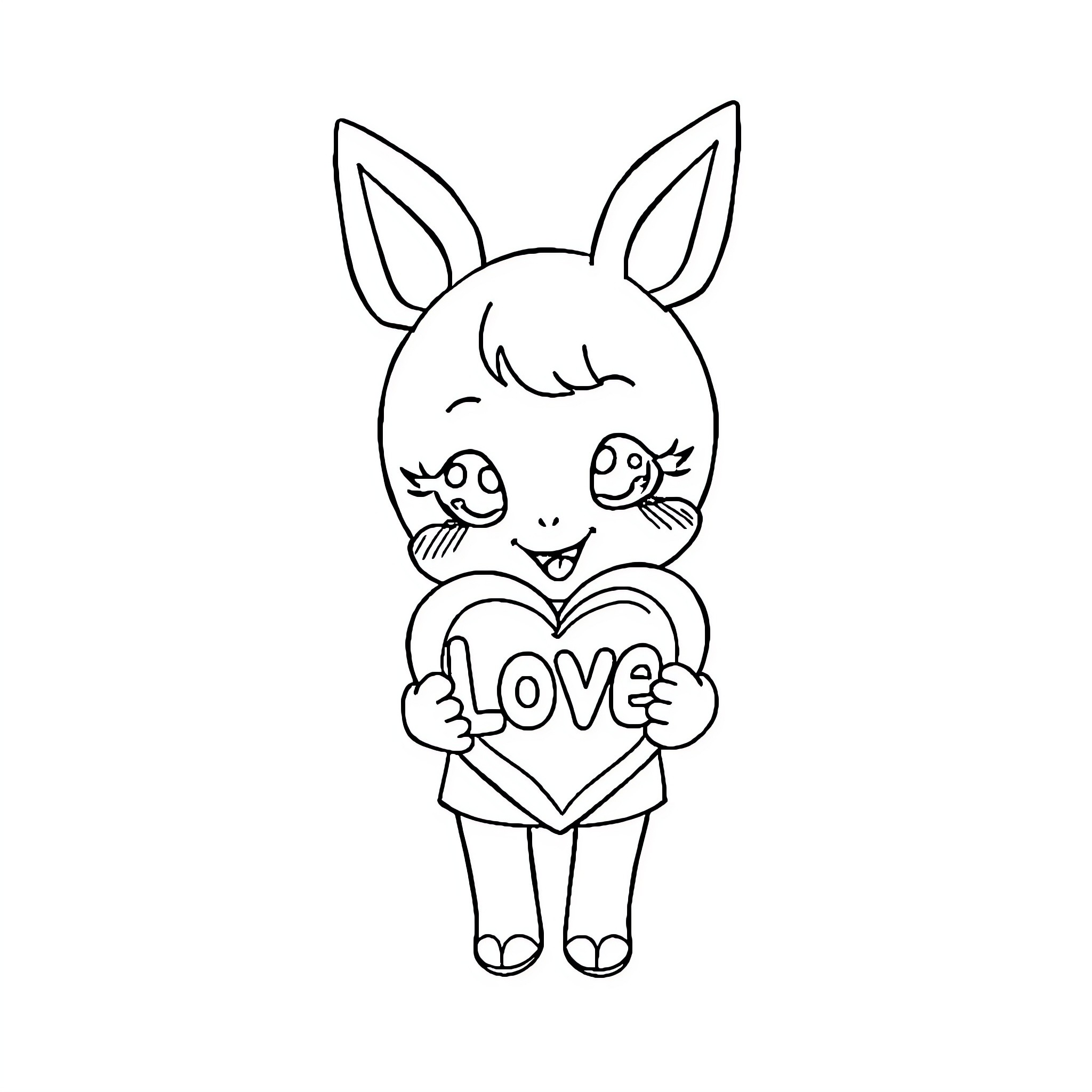 Kuromi holding a heart-shaped 'Love' sign Coloring Page (free black-and-white line drawing printable PDF for all, from beginners to advanced learners, including children, teens, adults, and seniors)