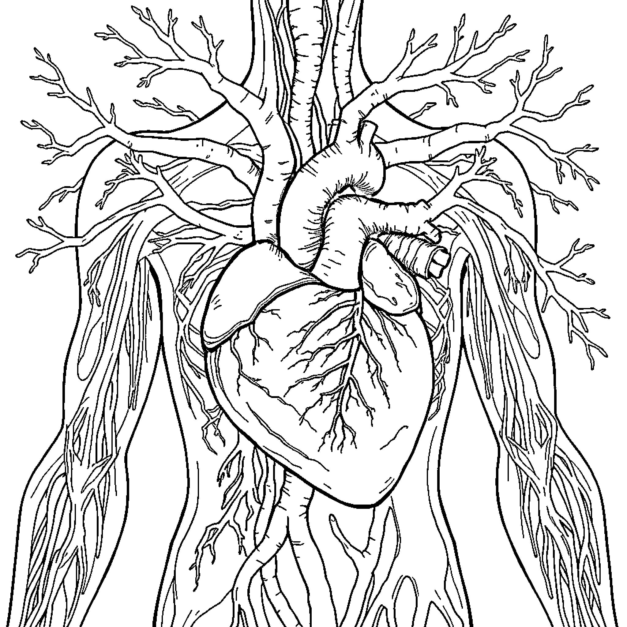Human Circulatory System Detailed Anatomical Illustration Coloring Page (free black-and-white line drawing printable PDF for all, from beginners to advanced learners, including children, teens, adults, and seniors)
