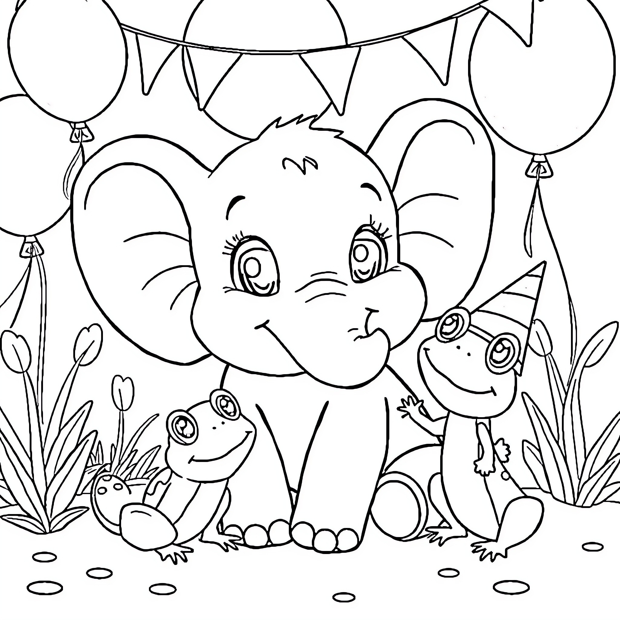 Elephant and friends celebrate at a party Coloring Page (free black-and-white line drawing printable PDF for all, from beginners to advanced learners, including children, teens, adults, and seniors)