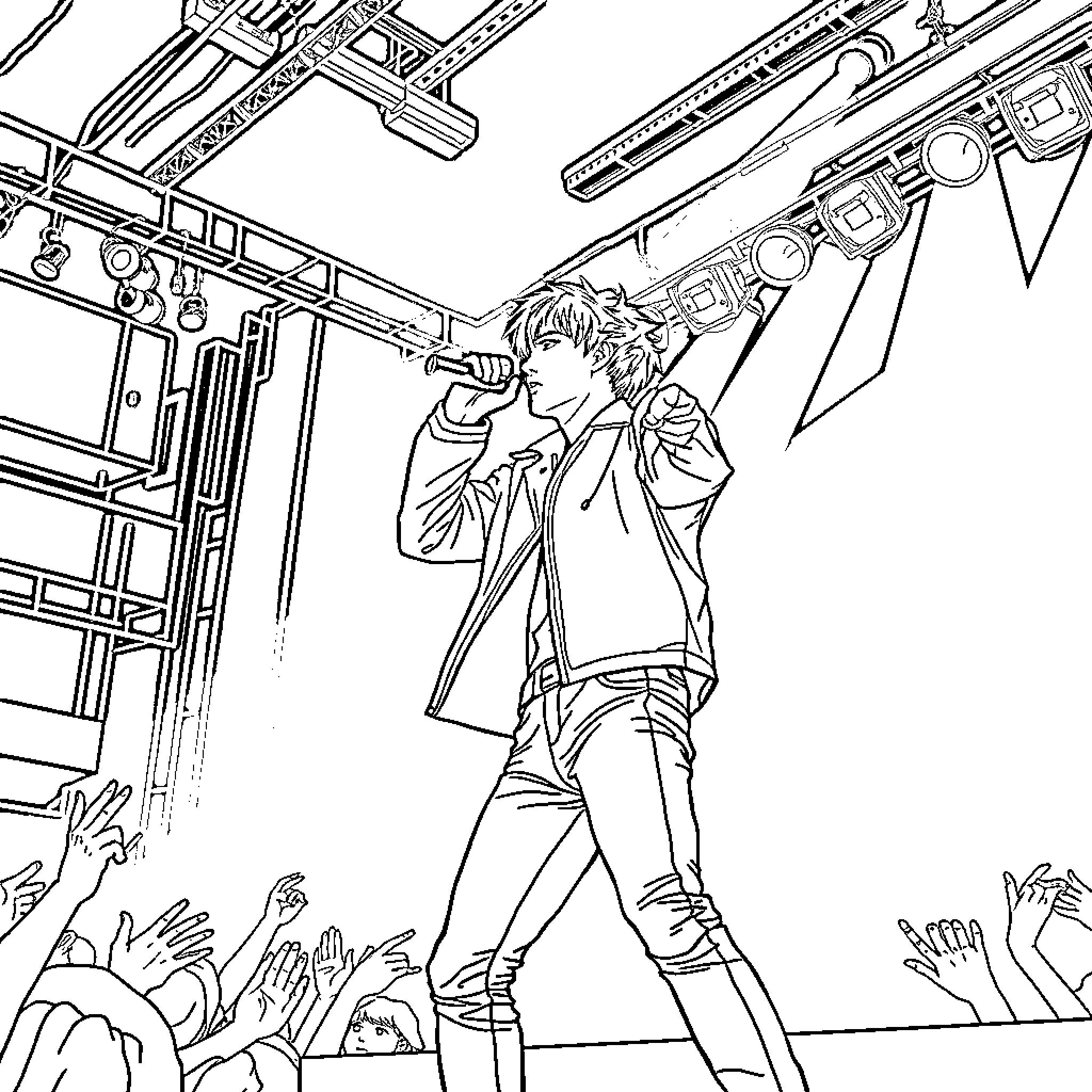 Rumi performing passionately on stage Coloring Page (free black-and-white line drawing printable PDF for all, from beginners to advanced learners, including children, teens, adults, and seniors)