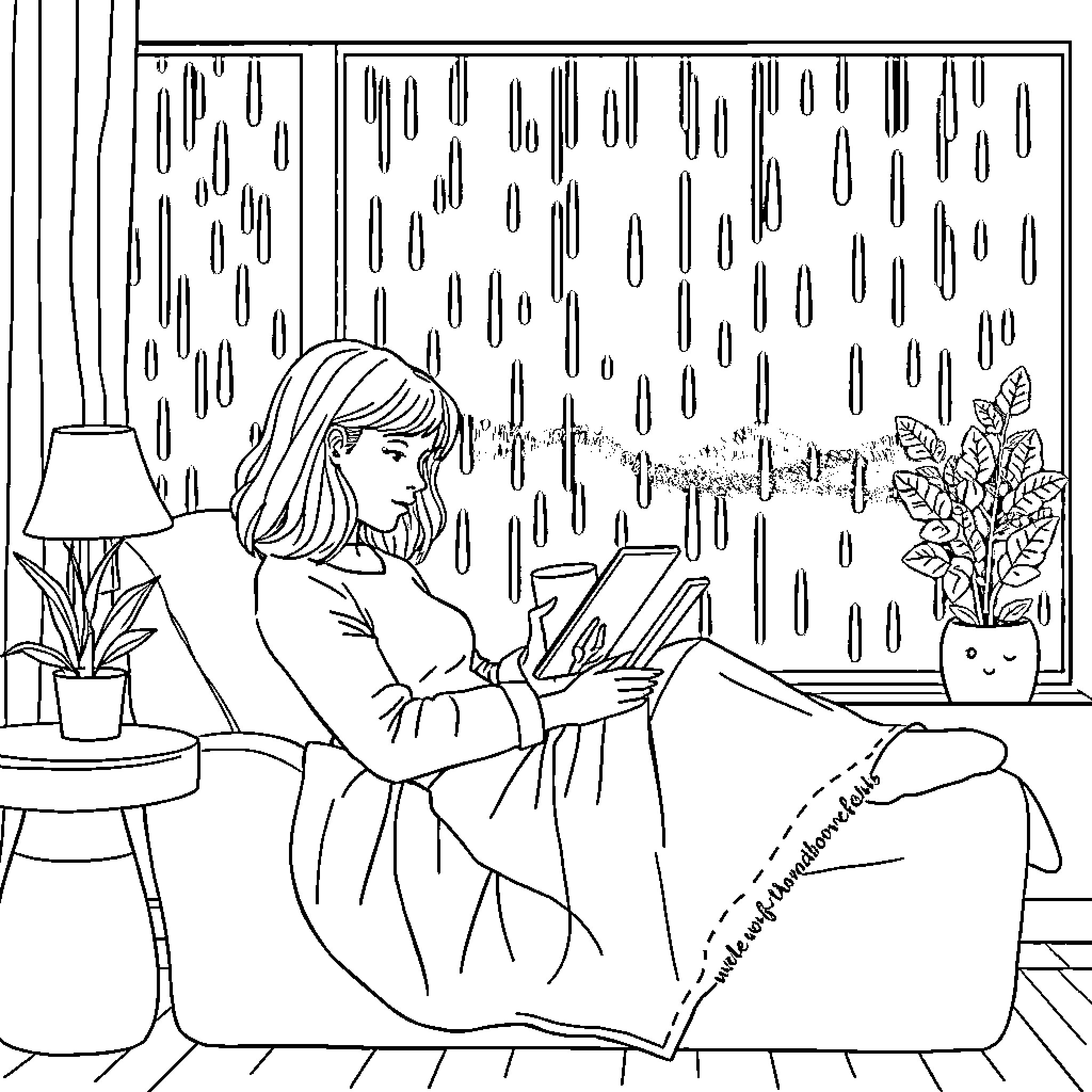 Ipad relaxing indoors during rainy day Coloring Page (free black-and-white line drawing printable PDF for all, from beginners to advanced learners, including children, teens, adults, and seniors)