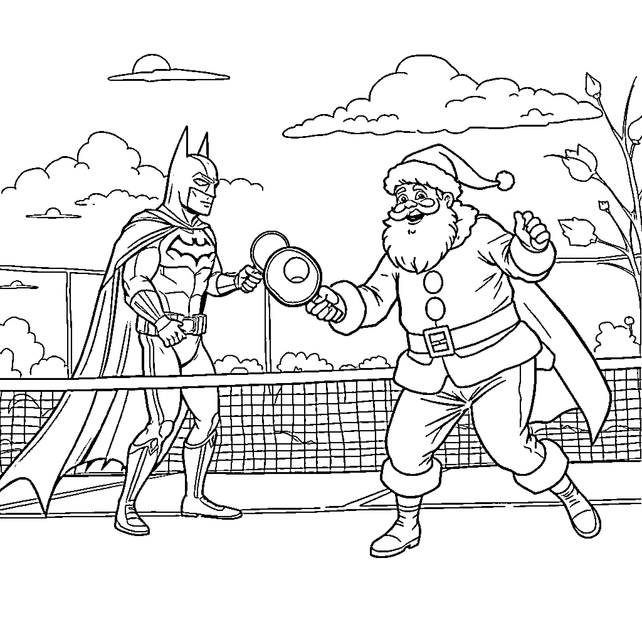 Santa and Batman Playing Tennis Together Coloring Page (free black-and-white line drawing printable PDF for all, from beginners to advanced learners, including children, teens, adults, and seniors)
