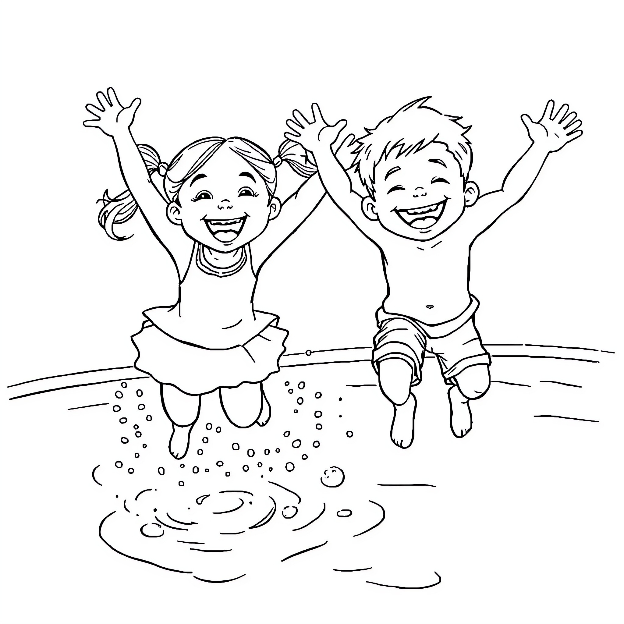 Children joyfully jumping in the water Coloring Page (free black-and-white line drawing printable PDF for all, from beginners to advanced learners, including children, teens, adults, and seniors)
