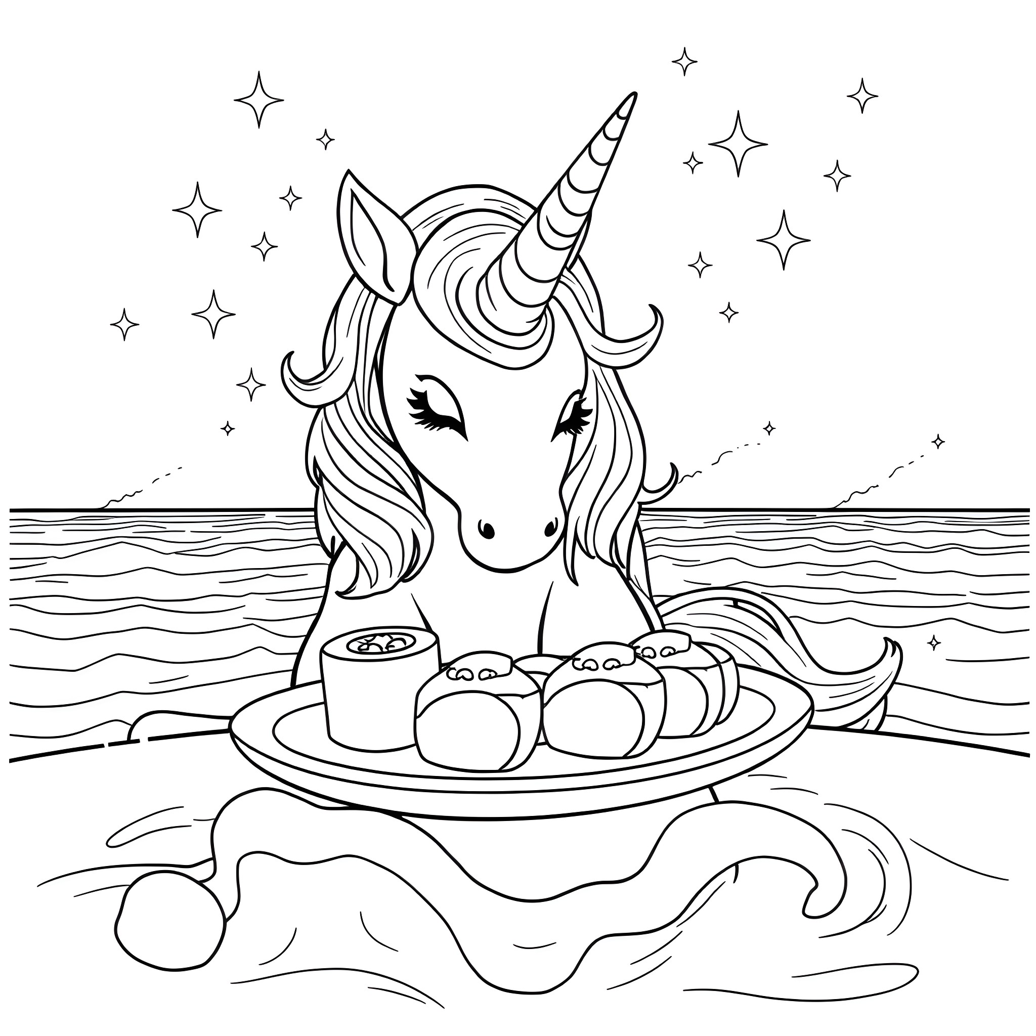 Unicorn enjoying a magical starry night by the sea Coloring Page (free black-and-white line drawing printable PDF for all, from beginners to advanced learners, including children, teens, adults, and seniors)