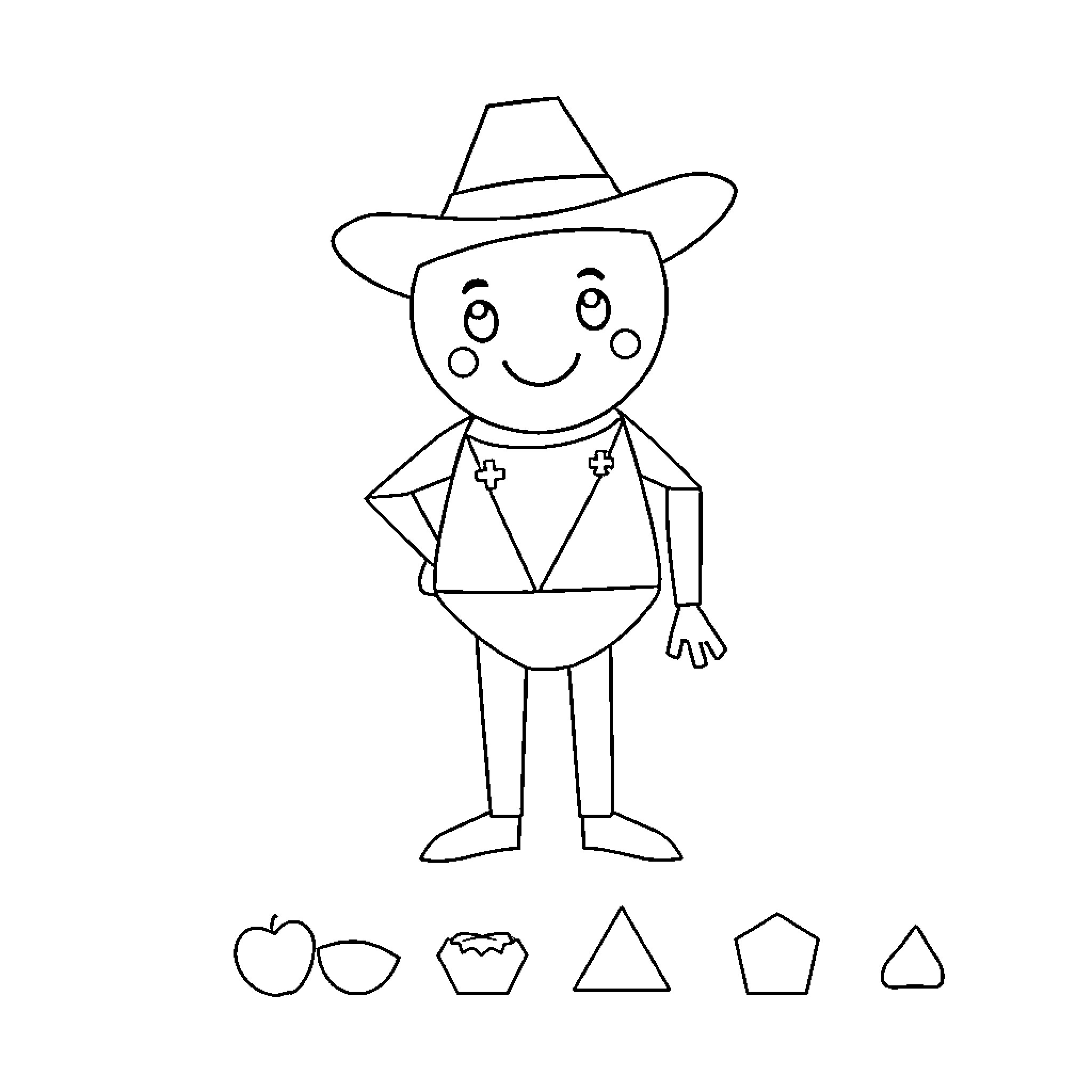 Character wearing a hat and geometric shapes Coloring Page (free black-and-white line drawing printable PDF for all, from beginners to advanced learners, including children, teens, adults, and seniors)