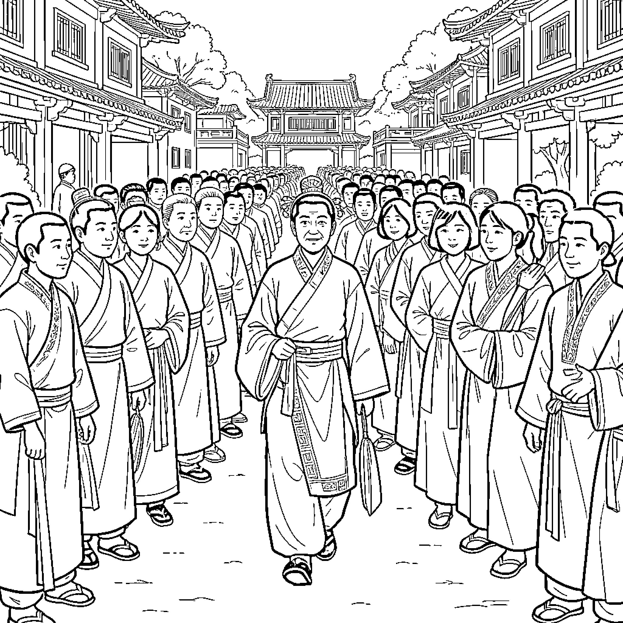 Bai Lijin leading a large crowd through an ancient street Coloring Page (free black-and-white line drawing printable PDF for all, from beginners to advanced learners, including children, teens, adults, and seniors)