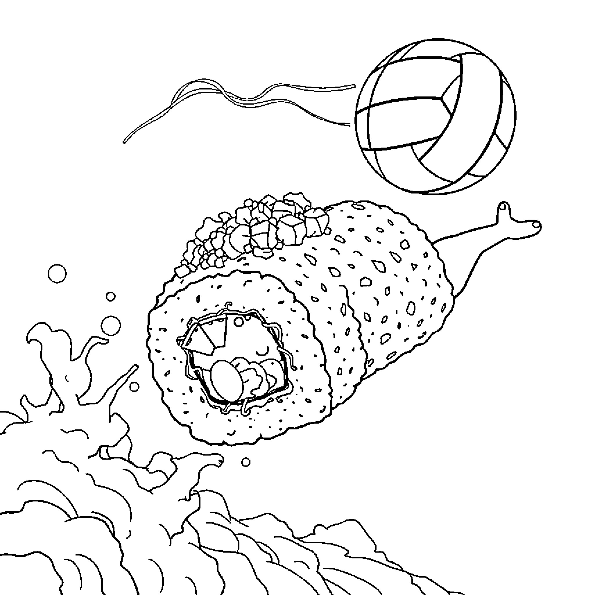 Sushi roll floating in the ocean with volleyball Coloring Page (free black-and-white line drawing printable PDF for all, from beginners to advanced learners, including children, teens, adults, and seniors)