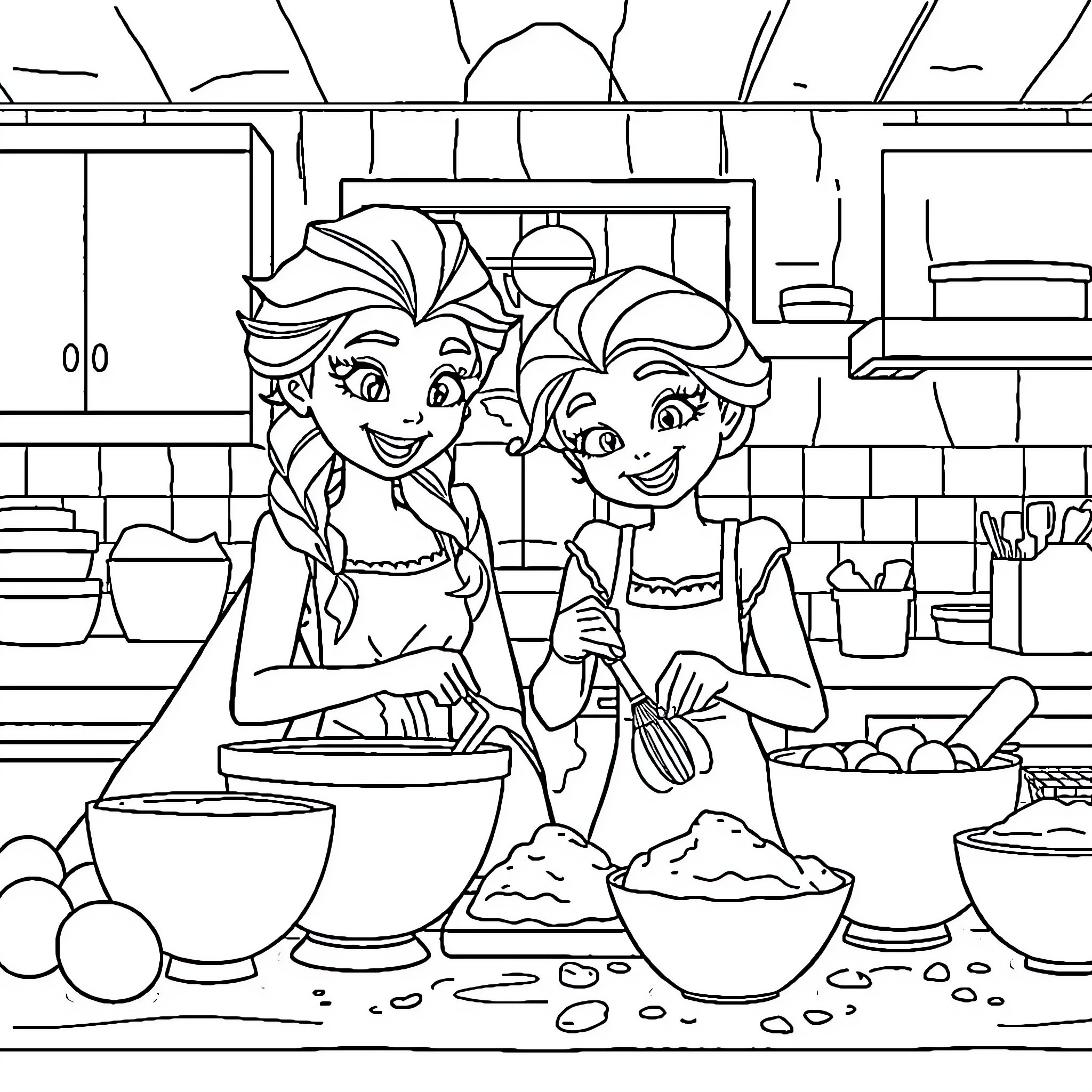 Elsa and Anna baking treats together in the kitchen Coloring Page (free black-and-white line drawing printable PDF for all, from beginners to advanced learners, including children, teens, adults, and seniors)