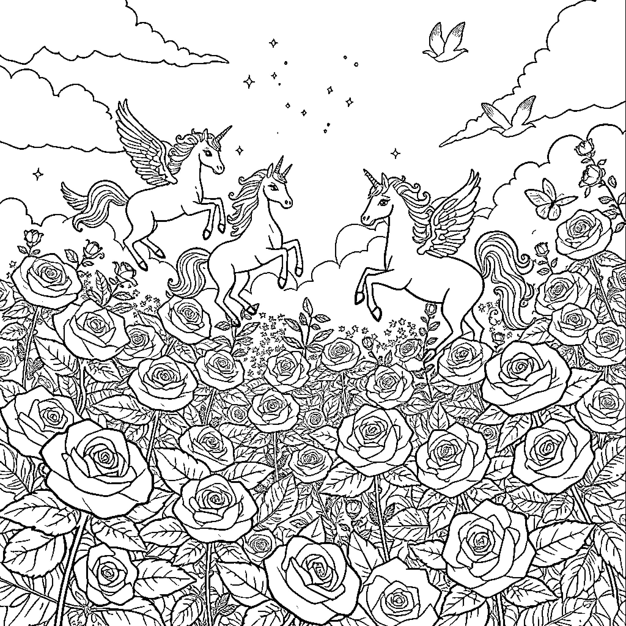 Rose Unicorns Frolicking Amidst a Floral Wonderland Coloring Page (free black-and-white line drawing printable PDF for all, from beginners to advanced learners, including children, teens, adults, and seniors)