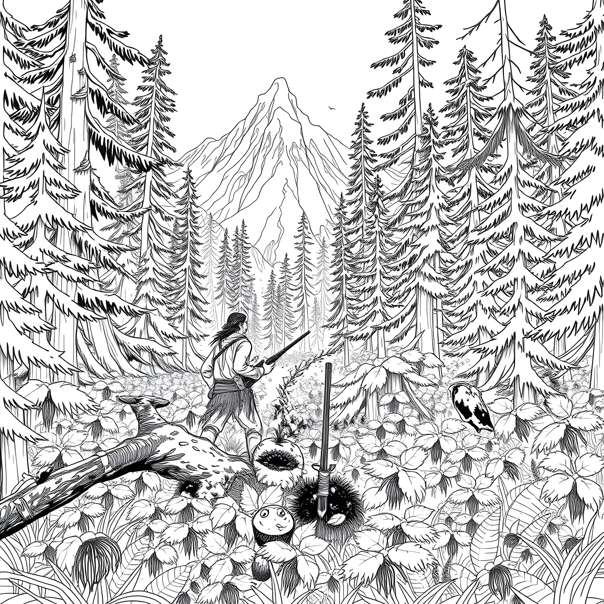 Hunter exploring the enchanted forest landscape Coloring Page (free black-and-white line drawing printable PDF for all, from beginners to advanced learners, including children, teens, adults, and seniors)