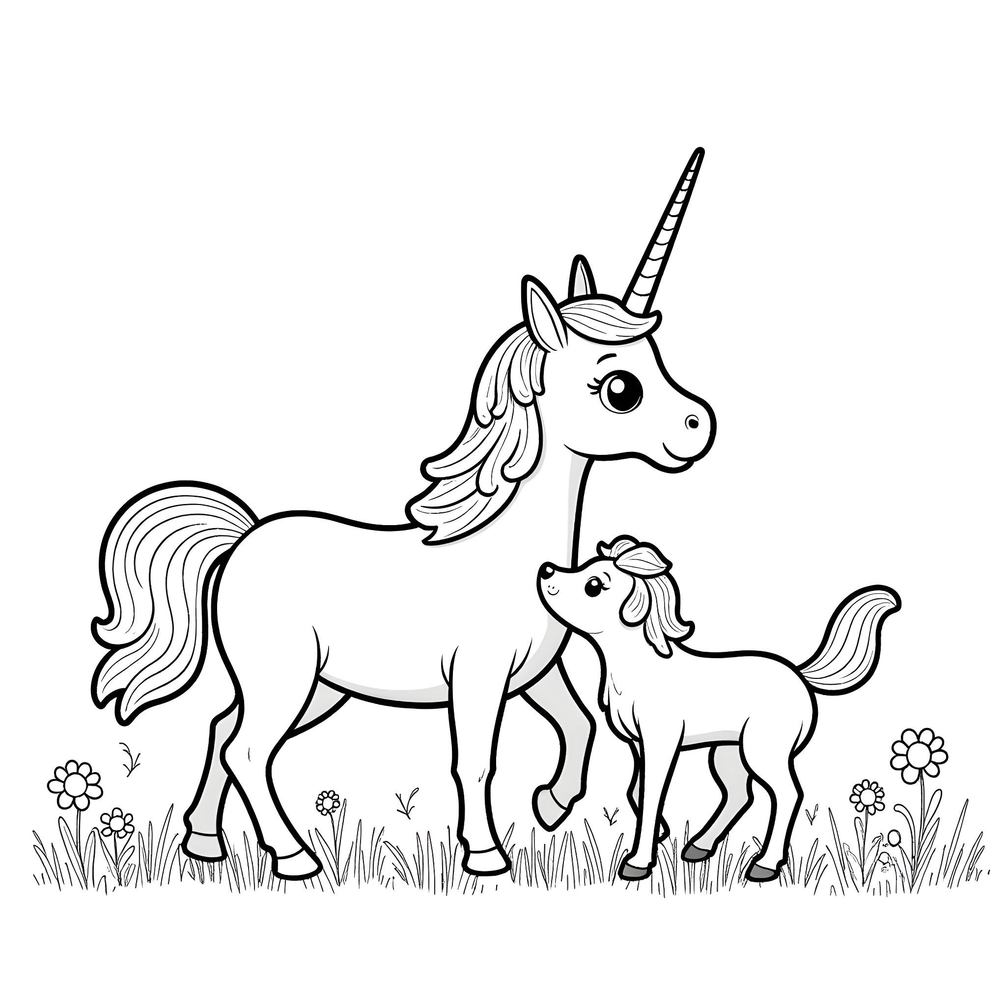 Unicorn and her baby in a floral field Coloring Page (free black-and-white line drawing printable PDF for all, from beginners to advanced learners, including children, teens, adults, and seniors)