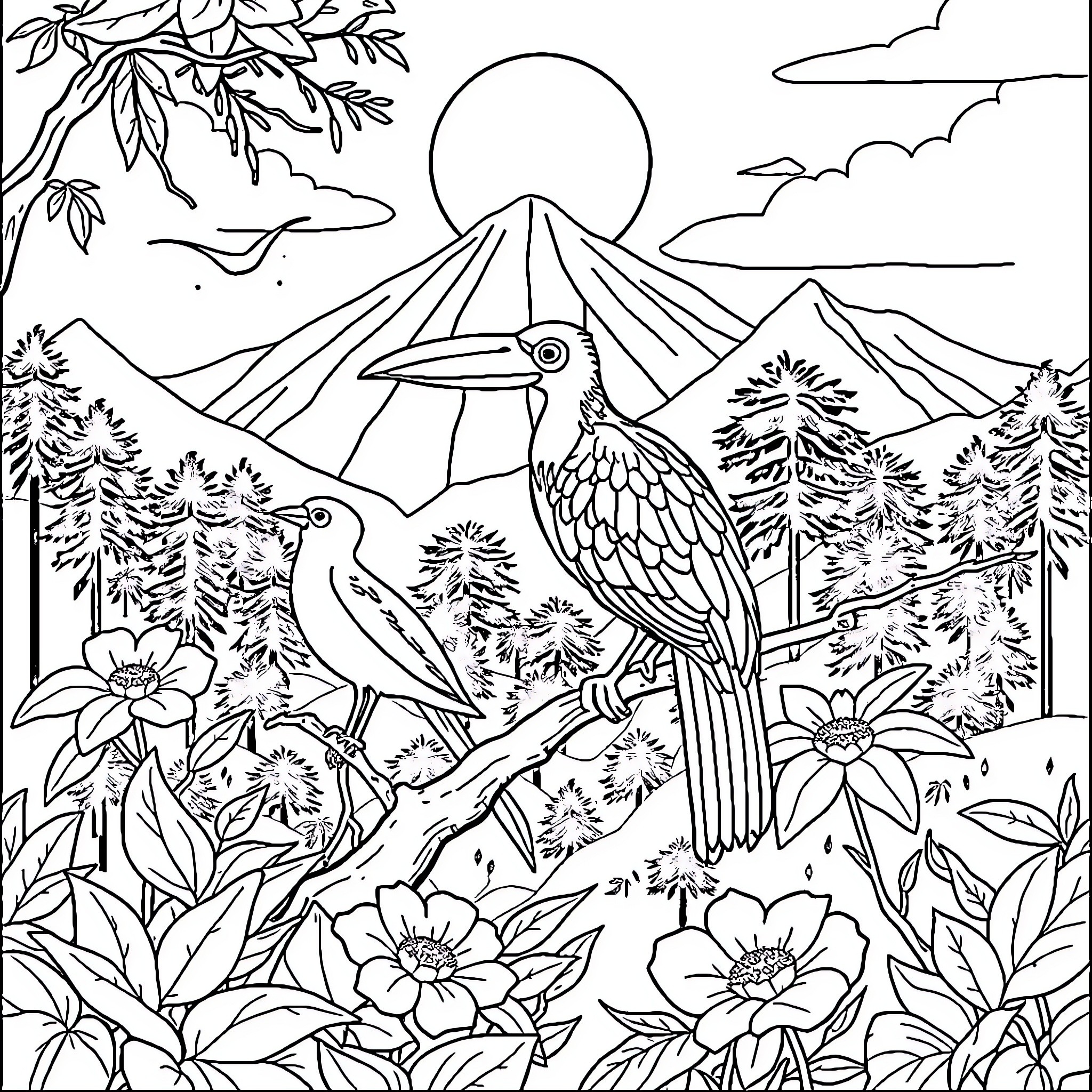 Animal and Plant Landscape with Mountain and Toucan Coloring Page (free black-and-white line drawing printable PDF for all, from beginners to advanced learners, including children, teens, adults, and seniors)