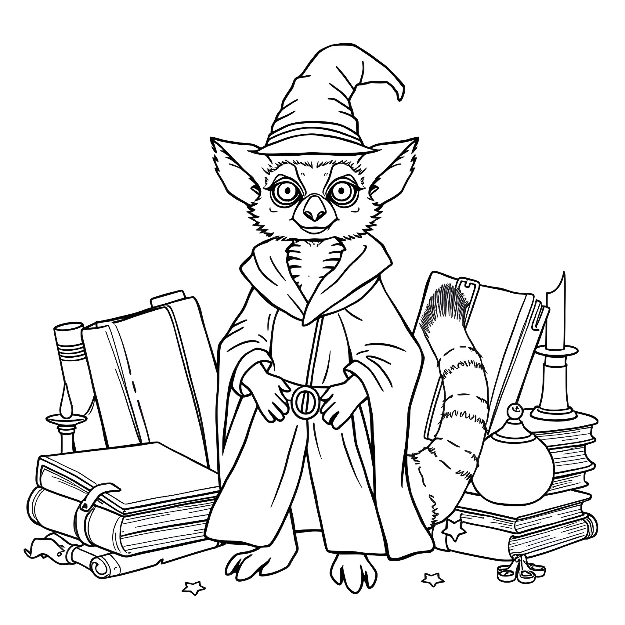 Lemur wizard with magical books and potions Coloring Page (free black-and-white line drawing printable PDF for all, from beginners to advanced learners, including children, teens, adults, and seniors)