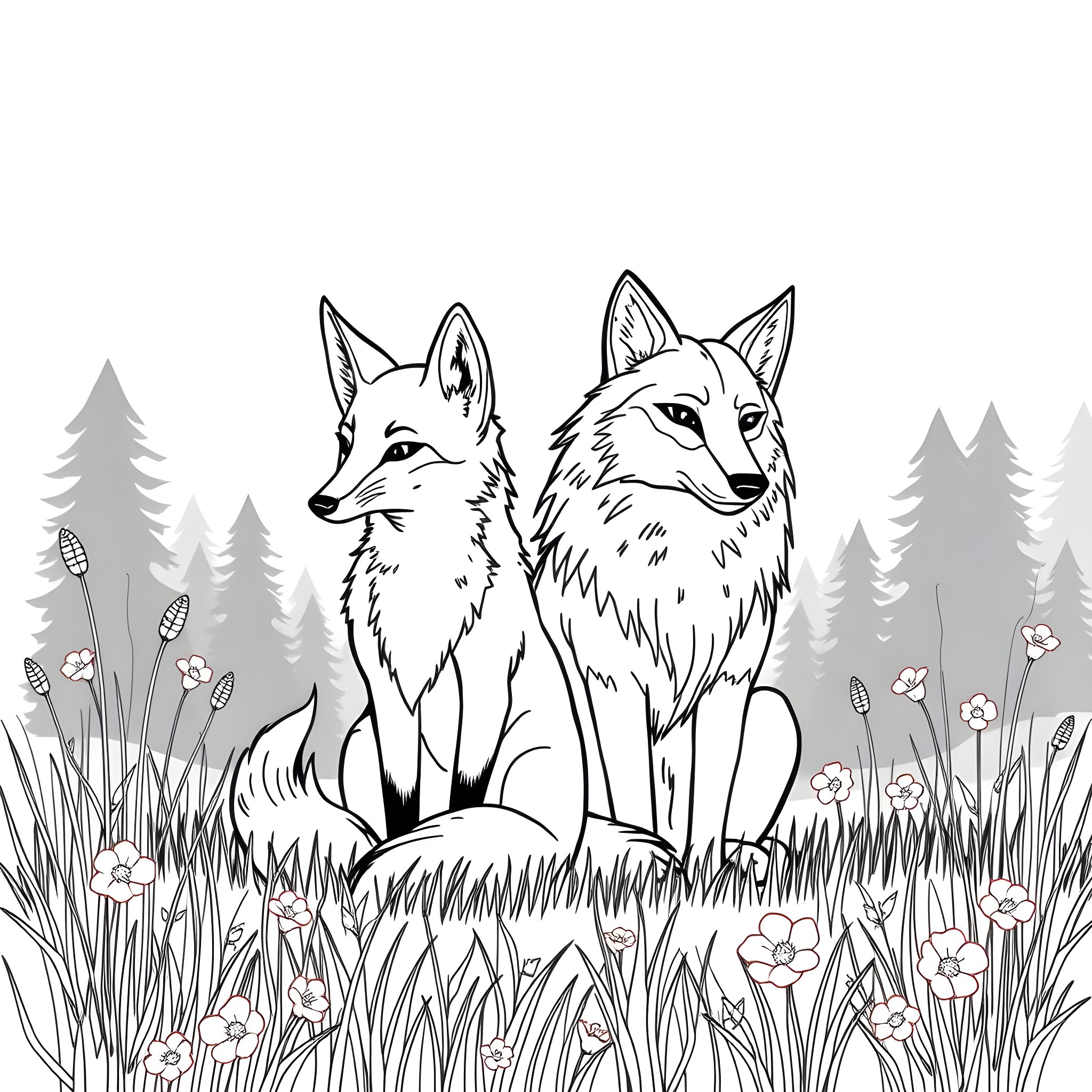Fox pair in a forest meadow Coloring Page (free black-and-white line drawing printable PDF for all, from beginners to advanced learners, including children, teens, adults, and seniors)