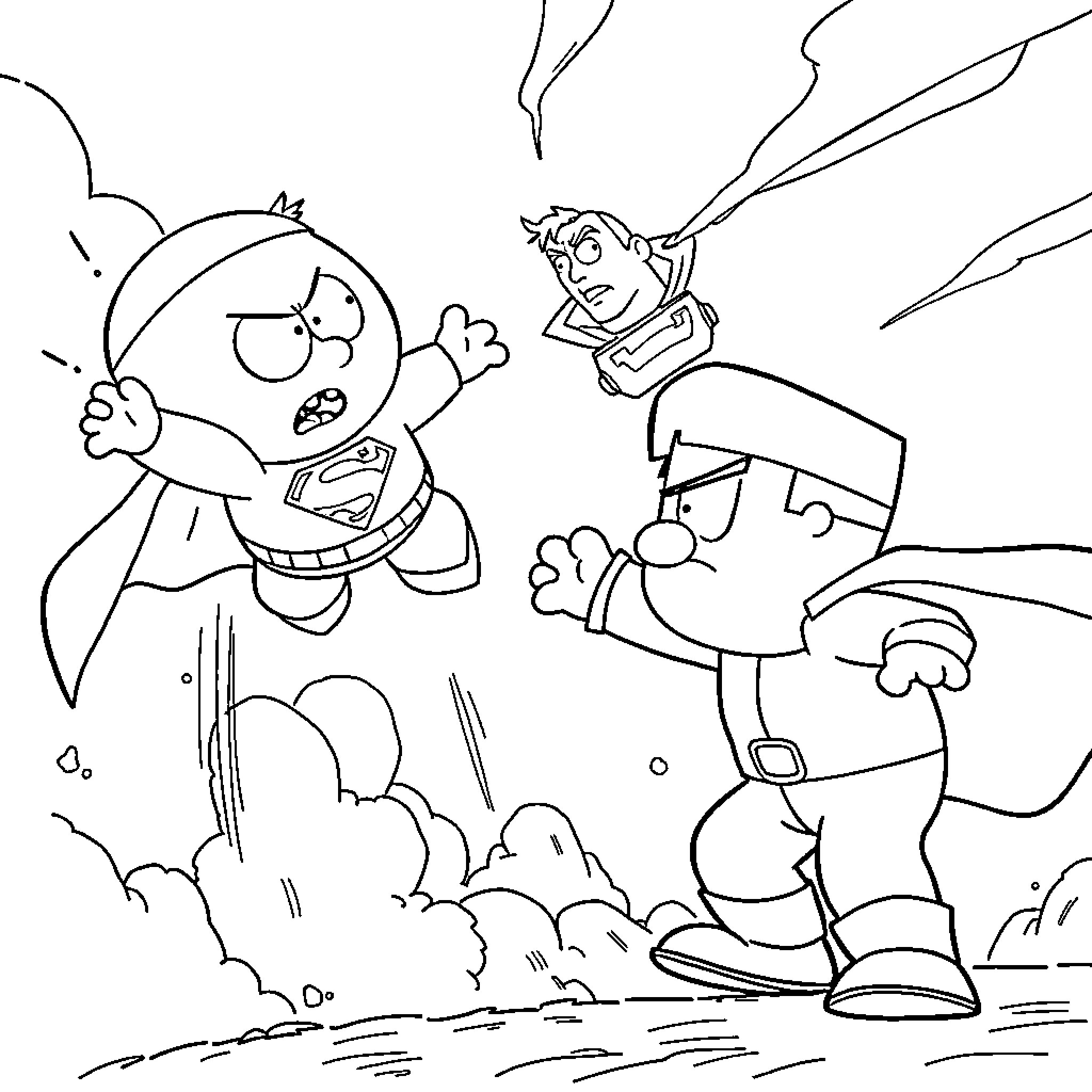 Cartman attempting to escape from the angry Eric Cartman Coloring Page (free black-and-white line drawing printable PDF for all, from beginners to advanced learners, including children, teens, adults, and seniors)