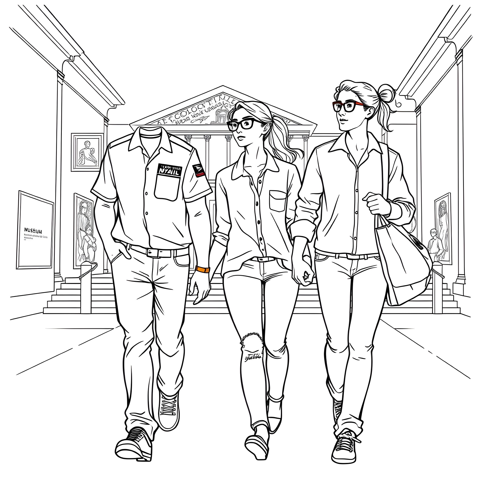 Husband and wife walk together on campus Coloring Page (free black-and-white line drawing printable PDF for all, from beginners to advanced learners, including children, teens, adults, and seniors)
