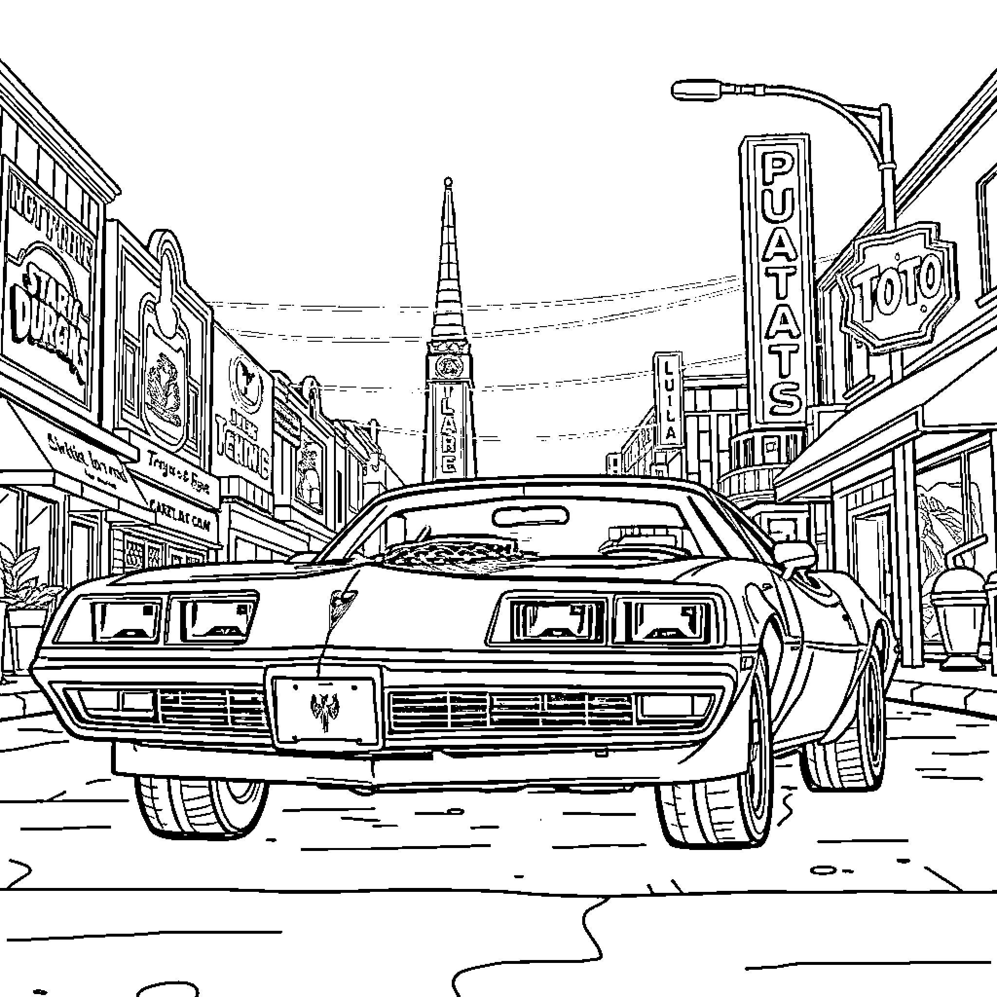 Pontiac sports car on the city street Coloring Page (free black-and-white line drawing printable PDF for all, from beginners to advanced learners, including children, teens, adults, and seniors)