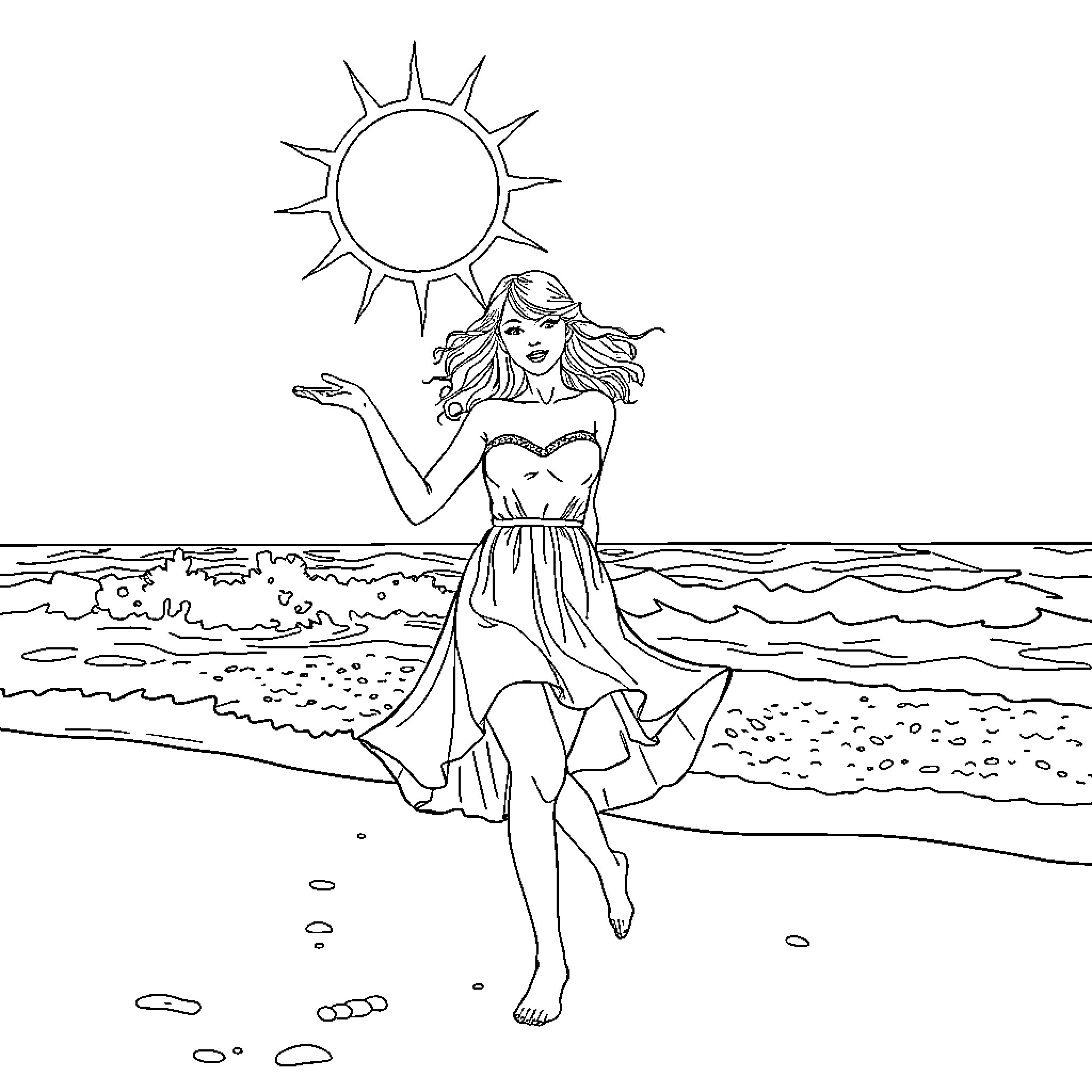 Taylor Swift enjoying the sunny beach Coloring Page (free black-and-white line drawing printable PDF for all, from beginners to advanced learners, including children, teens, adults, and seniors)
