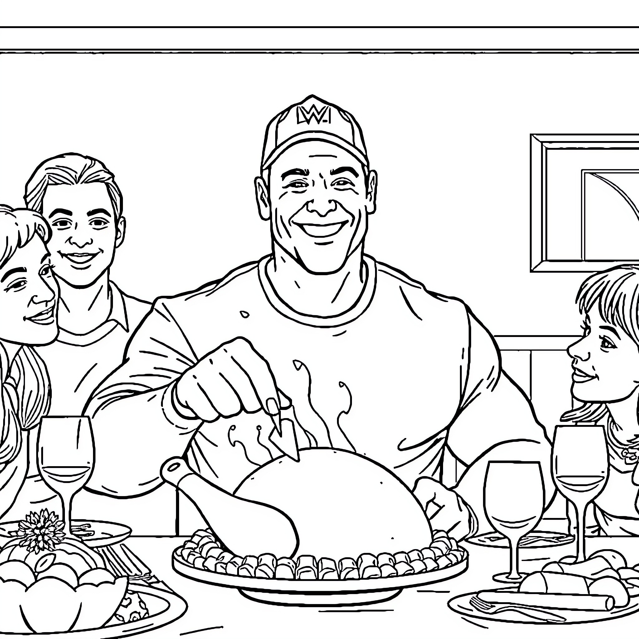John Cena serves a hearty meal for his family Coloring Page (free black-and-white line drawing printable PDF for all, from beginners to advanced learners, including children, teens, adults, and seniors)
