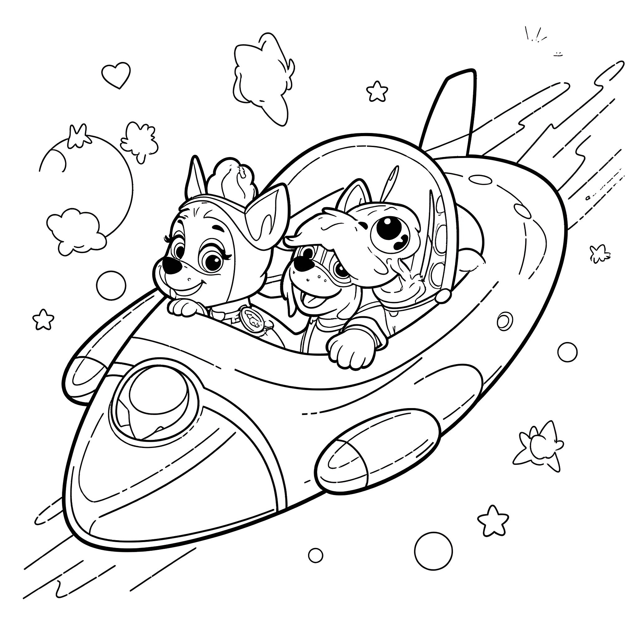 Paw Patrol characters on a space adventure Coloring Page (free black-and-white line drawing printable PDF for all, from beginners to advanced learners, including children, teens, adults, and seniors)