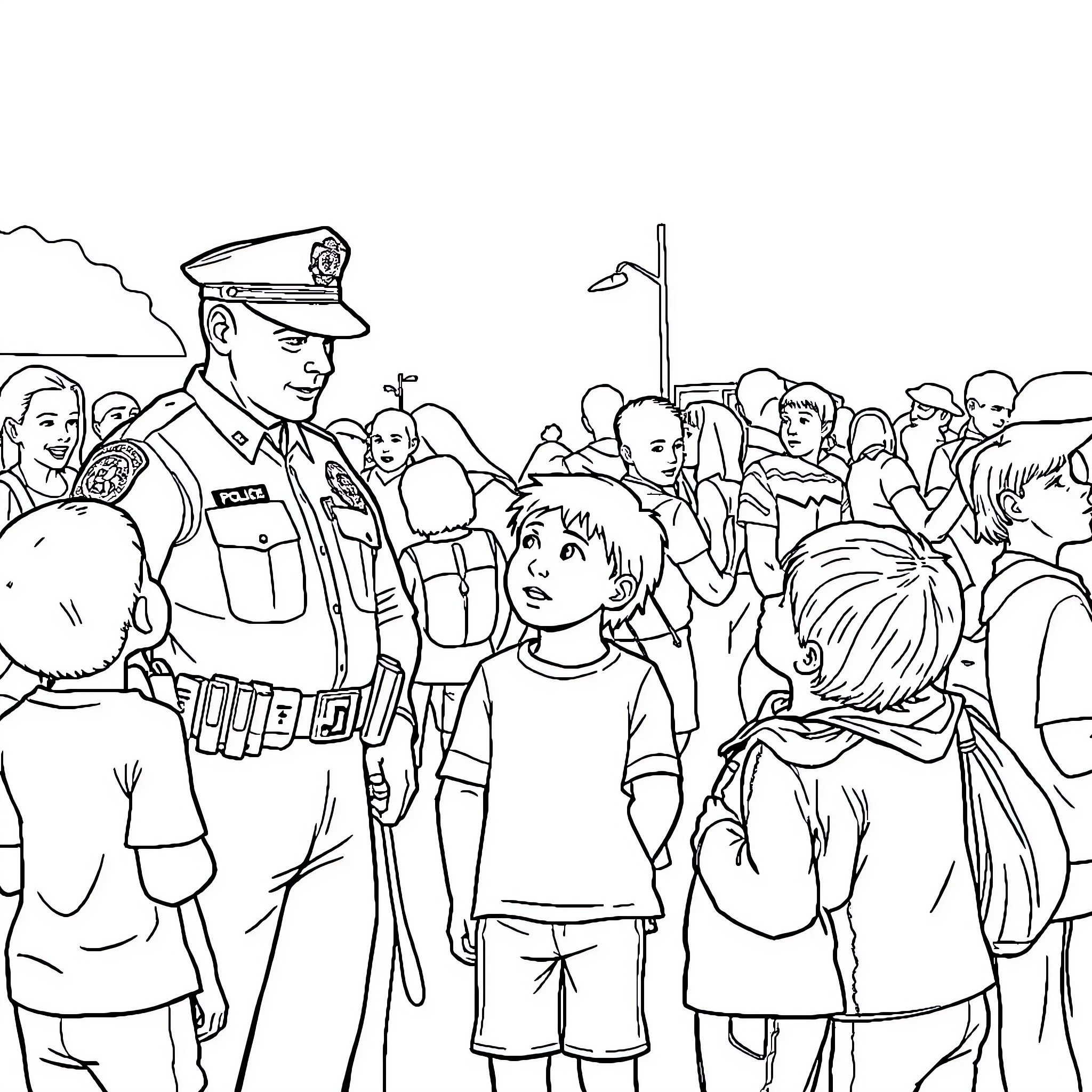 Police Interacting with Crowd in Public Setting Coloring Page (free black-and-white line drawing printable PDF for all, from beginners to advanced learners, including children, teens, adults, and seniors)