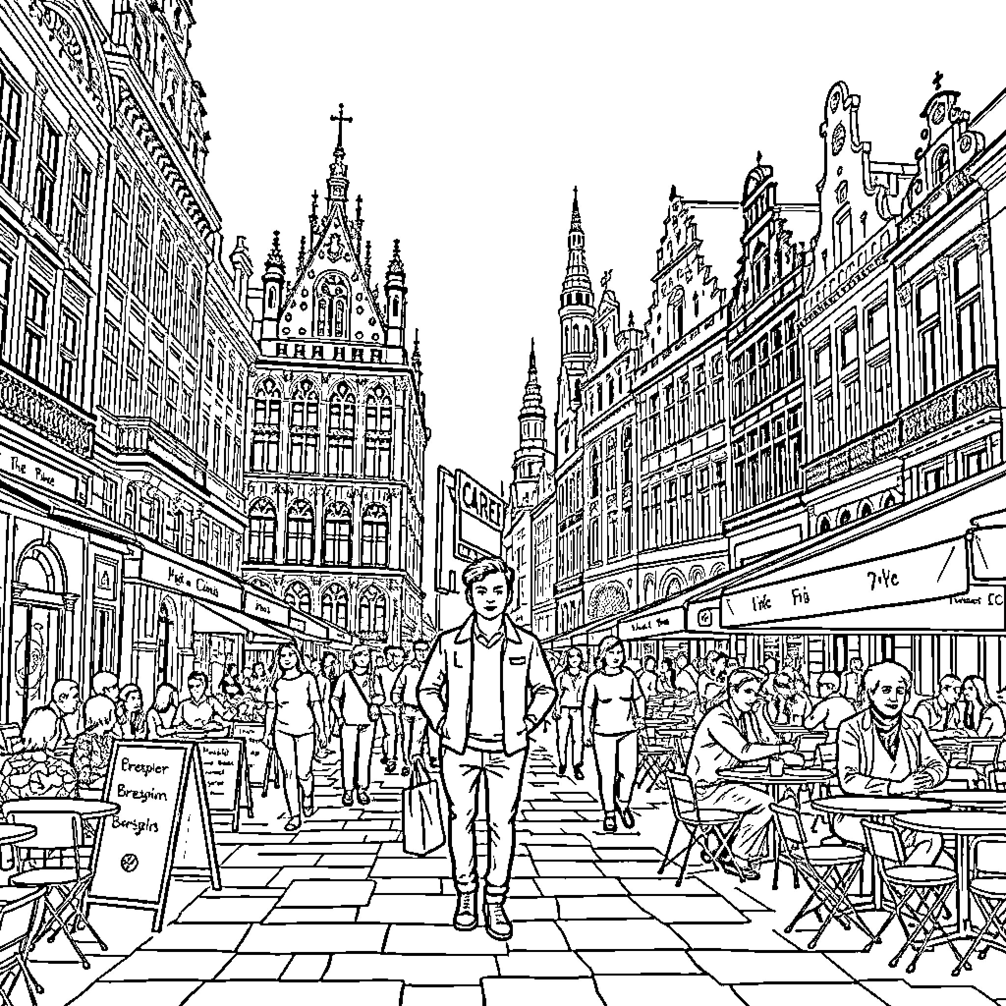Todoro's bustling city street scene with ornate architecture Coloring Page (free black-and-white line drawing printable PDF for all, from beginners to advanced learners, including children, teens, adults, and seniors)