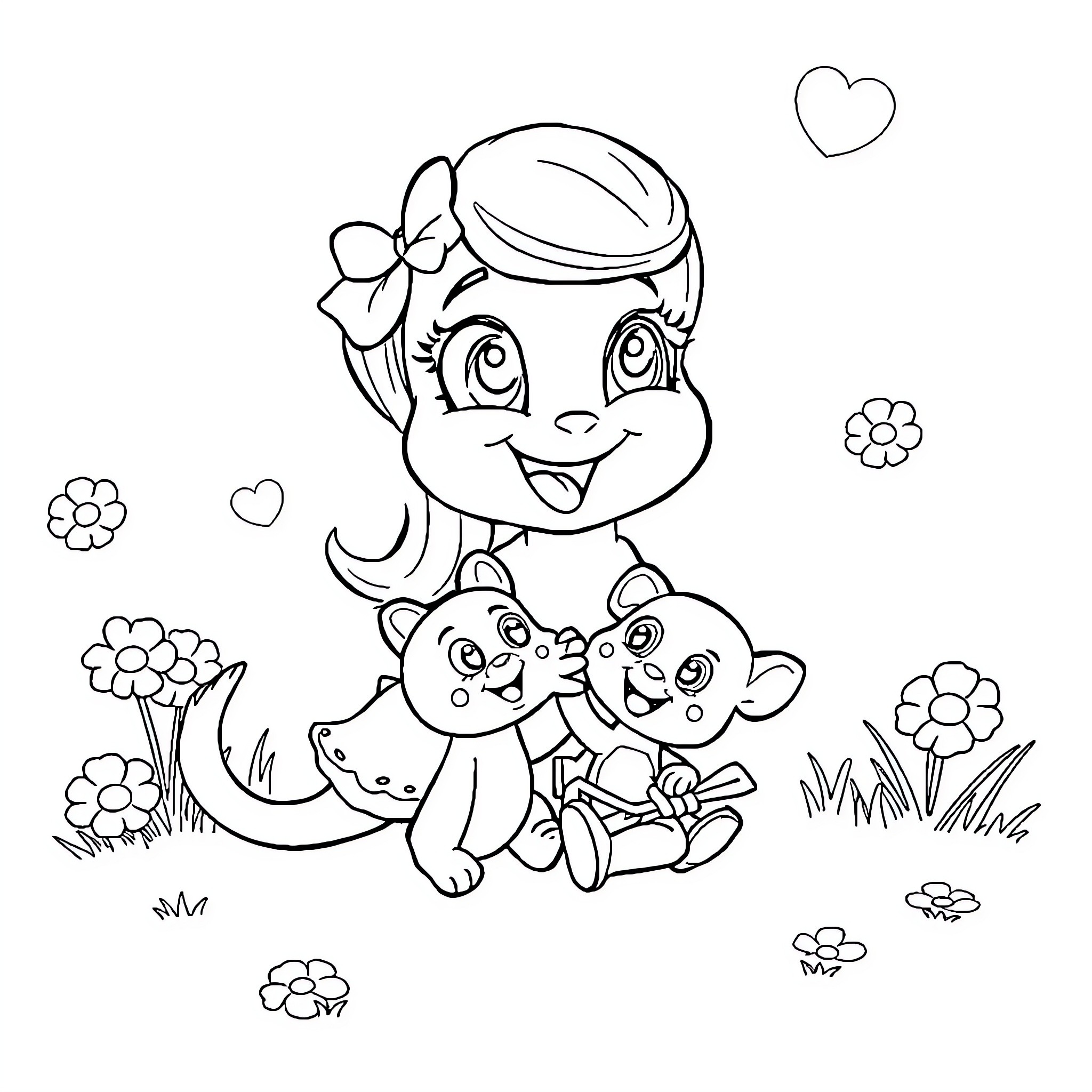 Bluey playing with cute puppies in a flowery meadow Coloring Page (free black-and-white line drawing printable PDF for all, from beginners to advanced learners, including children, teens, adults, and seniors)