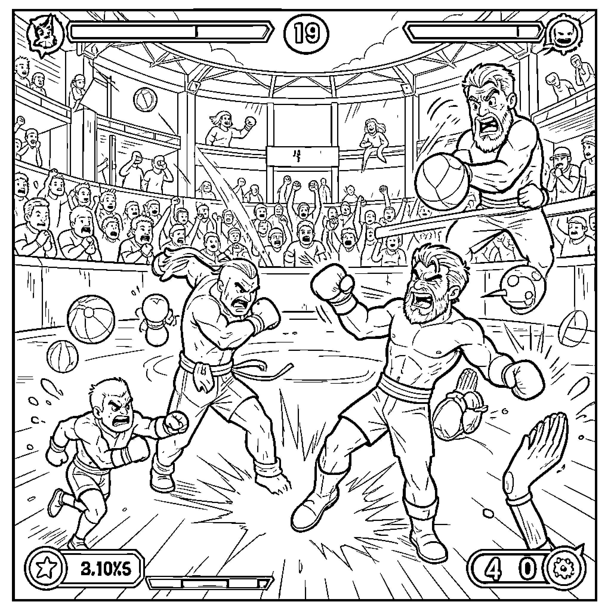 Brawl Stars characters fighting intensely in a boxing ring Coloring Page (free black-and-white line drawing printable PDF for all, from beginners to advanced learners, including children, teens, adults, and seniors)