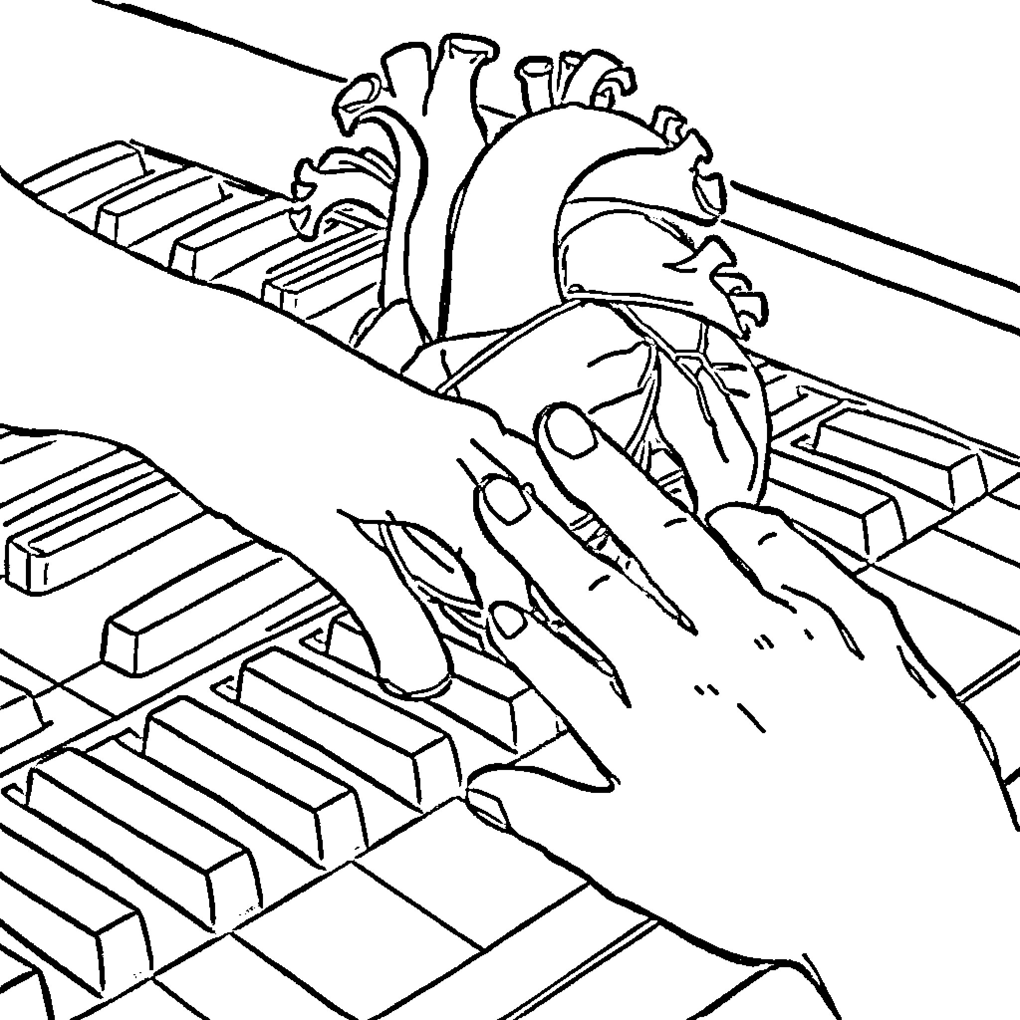 Heart Soaring Through the Musical Realm Coloring Page (free black-and-white line drawing printable PDF for all, from beginners to advanced learners, including children, teens, adults, and seniors)