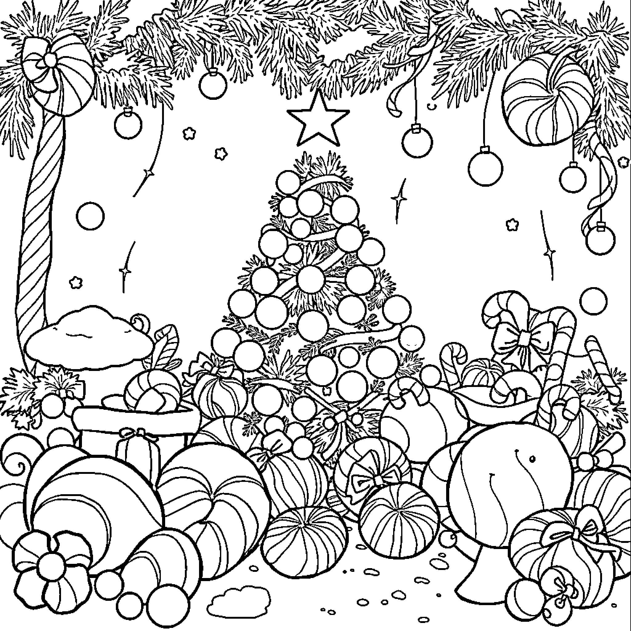 Candy-Themed Holiday Scenery with Decorations Coloring Page (free black-and-white line drawing printable PDF for all, from beginners to advanced learners, including children, teens, adults, and seniors)
