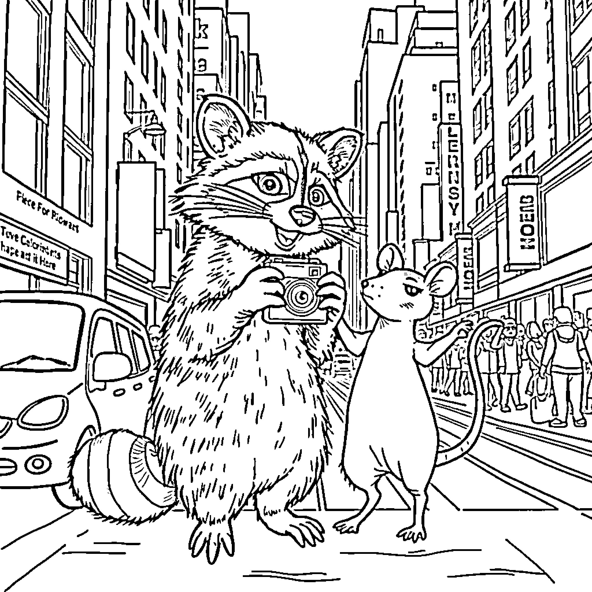 Raccoon photographers capture city street scene Coloring Page (free black-and-white line drawing printable PDF for all, from beginners to advanced learners, including children, teens, adults, and seniors)