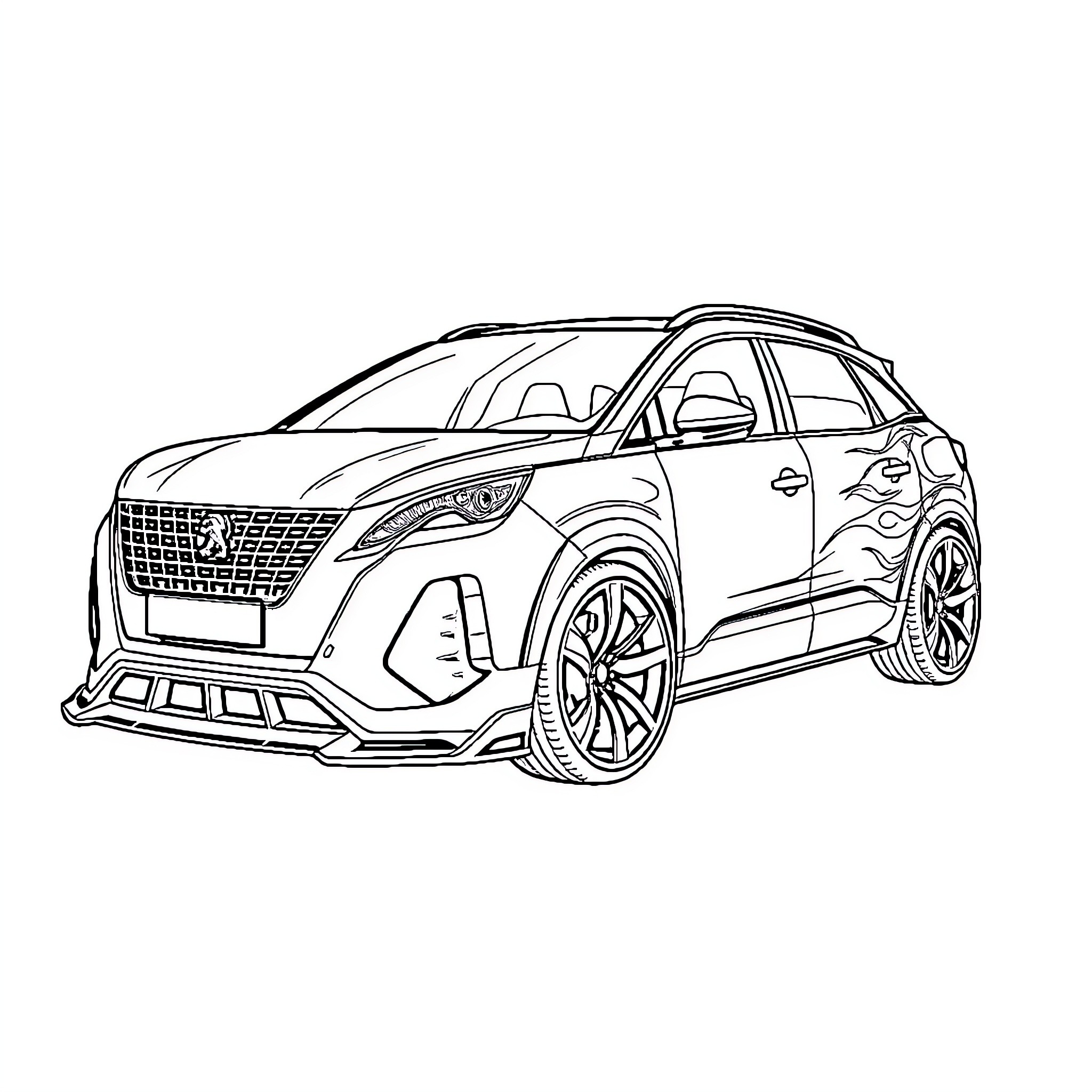 Peugeot 5008 with stylish aftermarket modifications Coloring Page (free black-and-white line drawing printable PDF for all, from beginners to advanced learners, including children, teens, adults, and seniors)