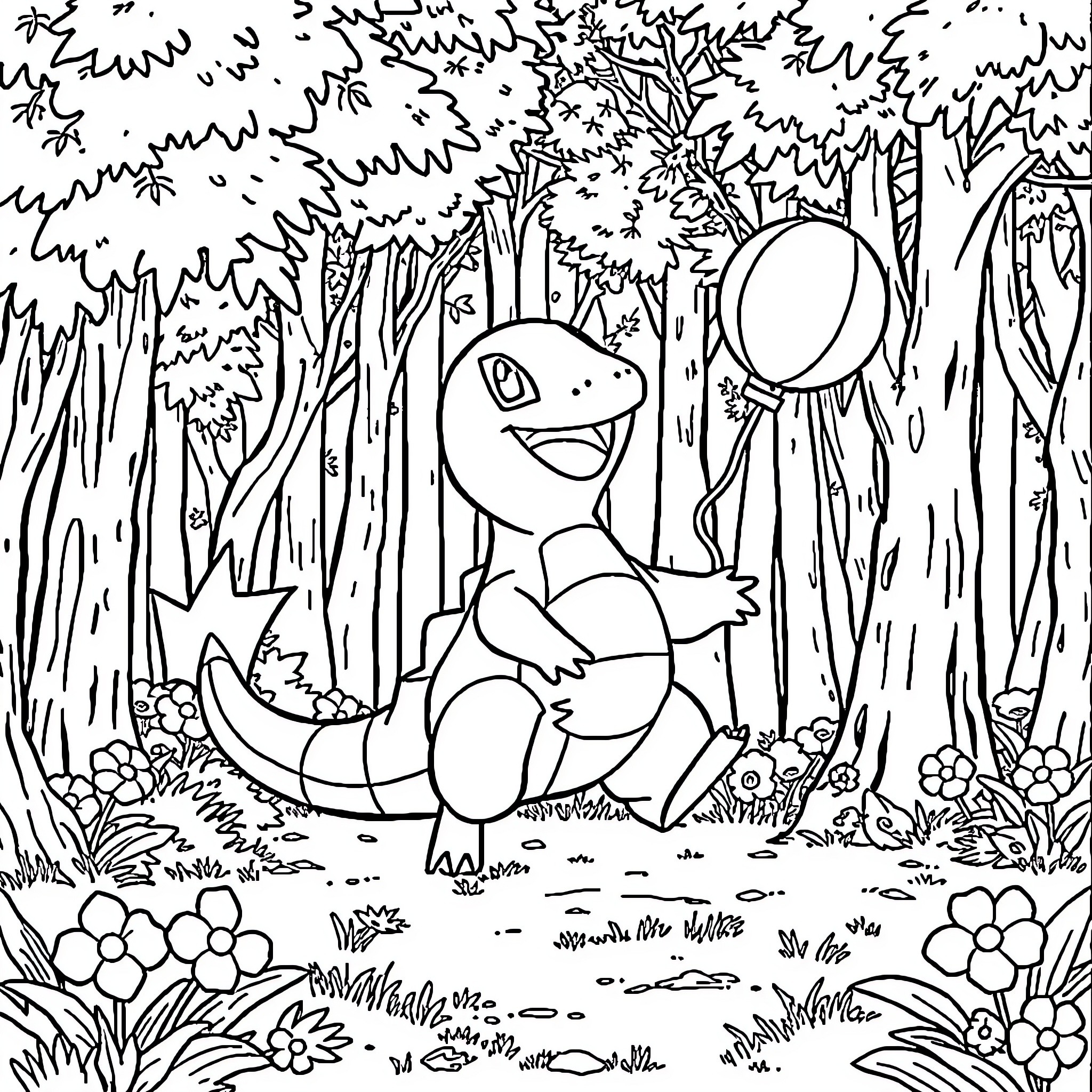 Pokémon creature exploring the forest Coloring Page (free black-and-white line drawing printable PDF for all, from beginners to advanced learners, including children, teens, adults, and seniors)