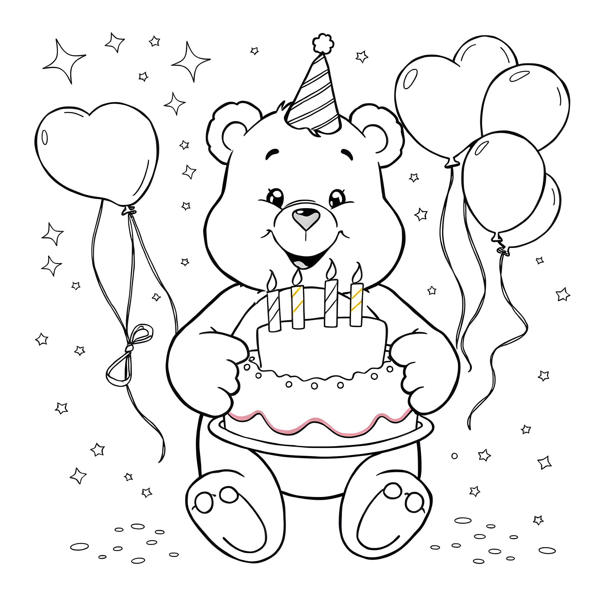 Care Bear Celebrating Birthday with Cake and Balloons Coloring Page (free black-and-white line drawing printable PDF for all, from beginners to advanced learners, including children, teens, adults, and seniors)