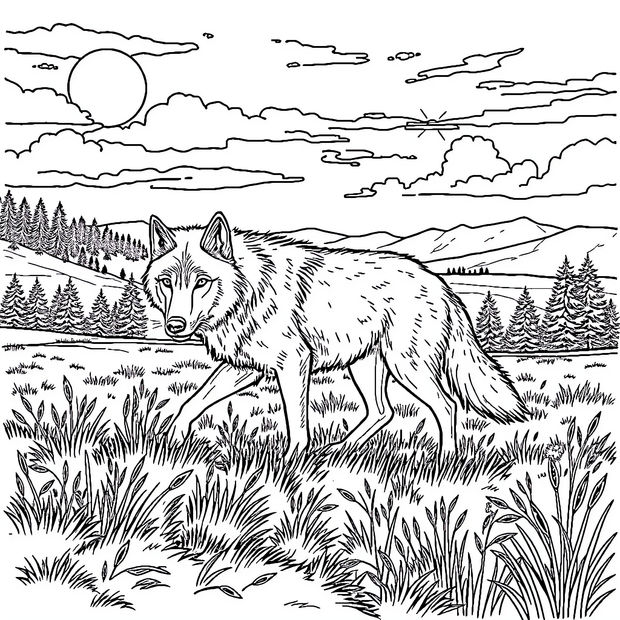Wolf in a serene mountain landscape Coloring Page (free black-and-white line drawing printable PDF for all, from beginners to advanced learners, including children, teens, adults, and seniors)